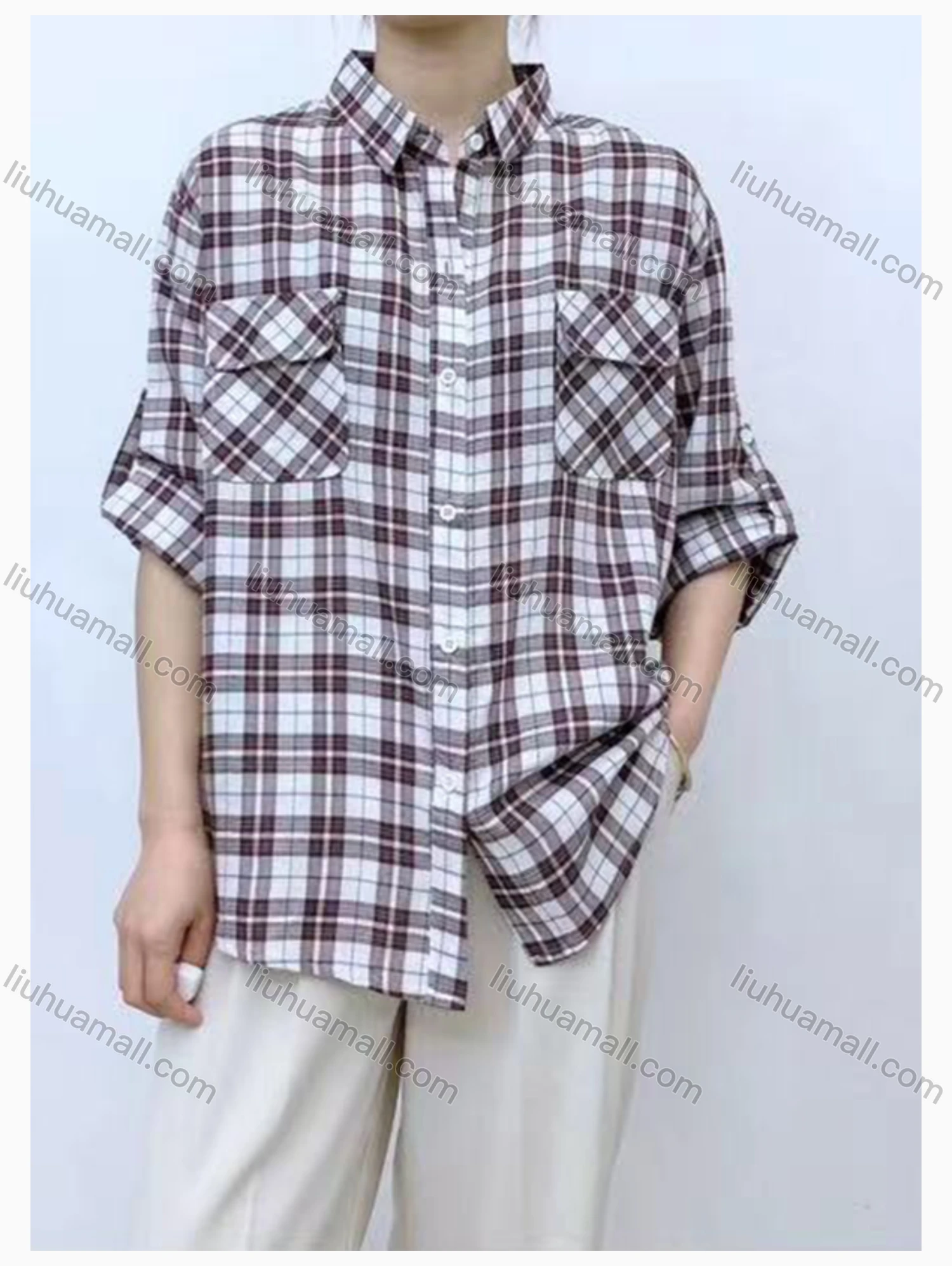 Wholesale Women's Collared Loose Fit Plaid Print Flap Pockets Long Sleeve Shirt 98921# - Liuhuamall