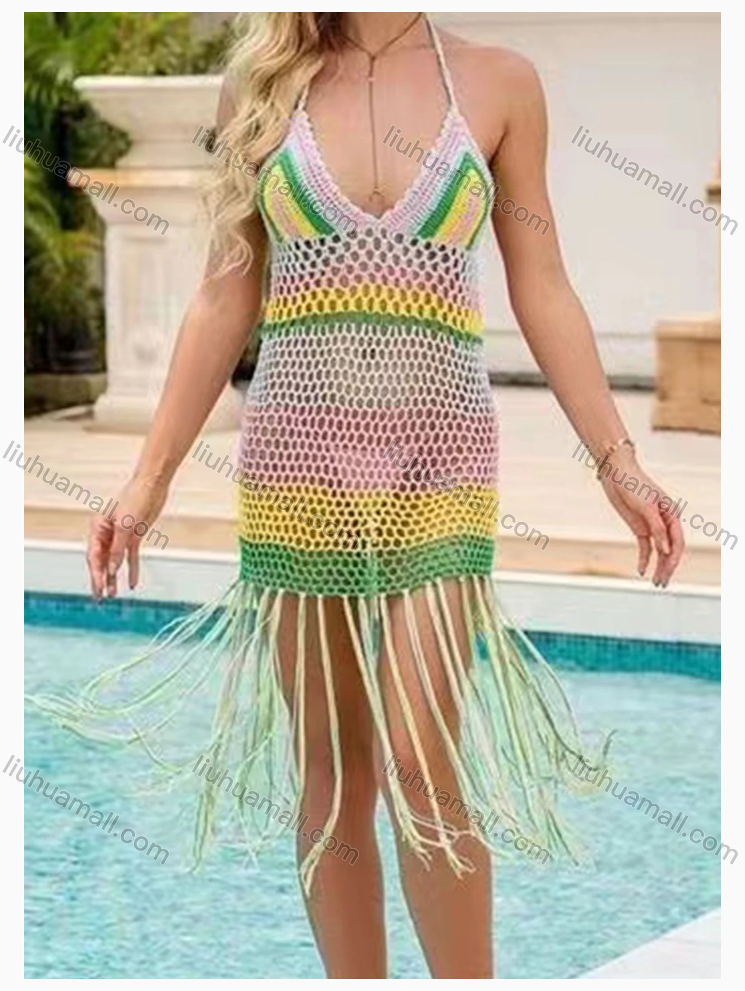 Wholesale Women's Vacation Sexy Hollow Out Halter Cover Up Short Dress 124# - Liuhuamall