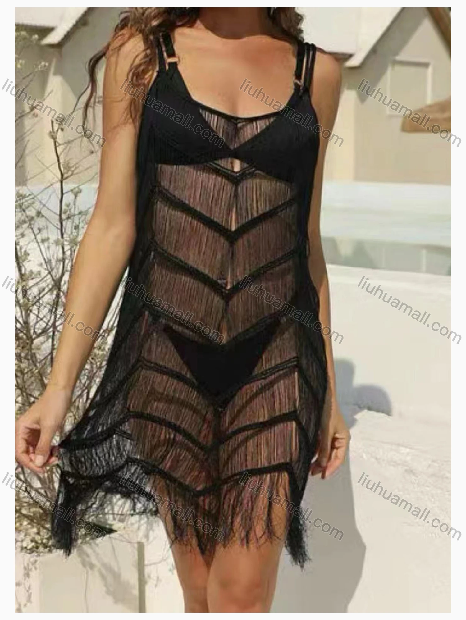 Wholesale Women's Vacation Sexy Semi-sheer Halter Frayed Raw Hem Cover Up Short Dress 223# - Liuhuamall