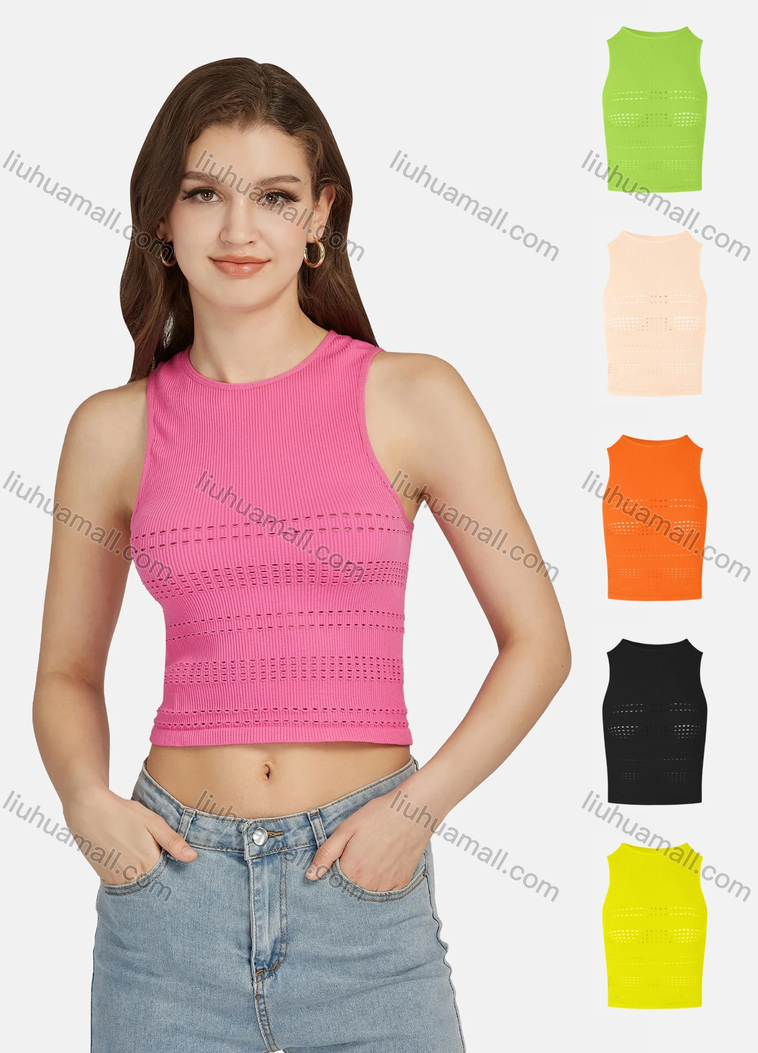 Wholesale Women's Casual Plain Sleeveless Round Neck Ribbed Ripped Crop Tank Top E138# - Liuhuamall