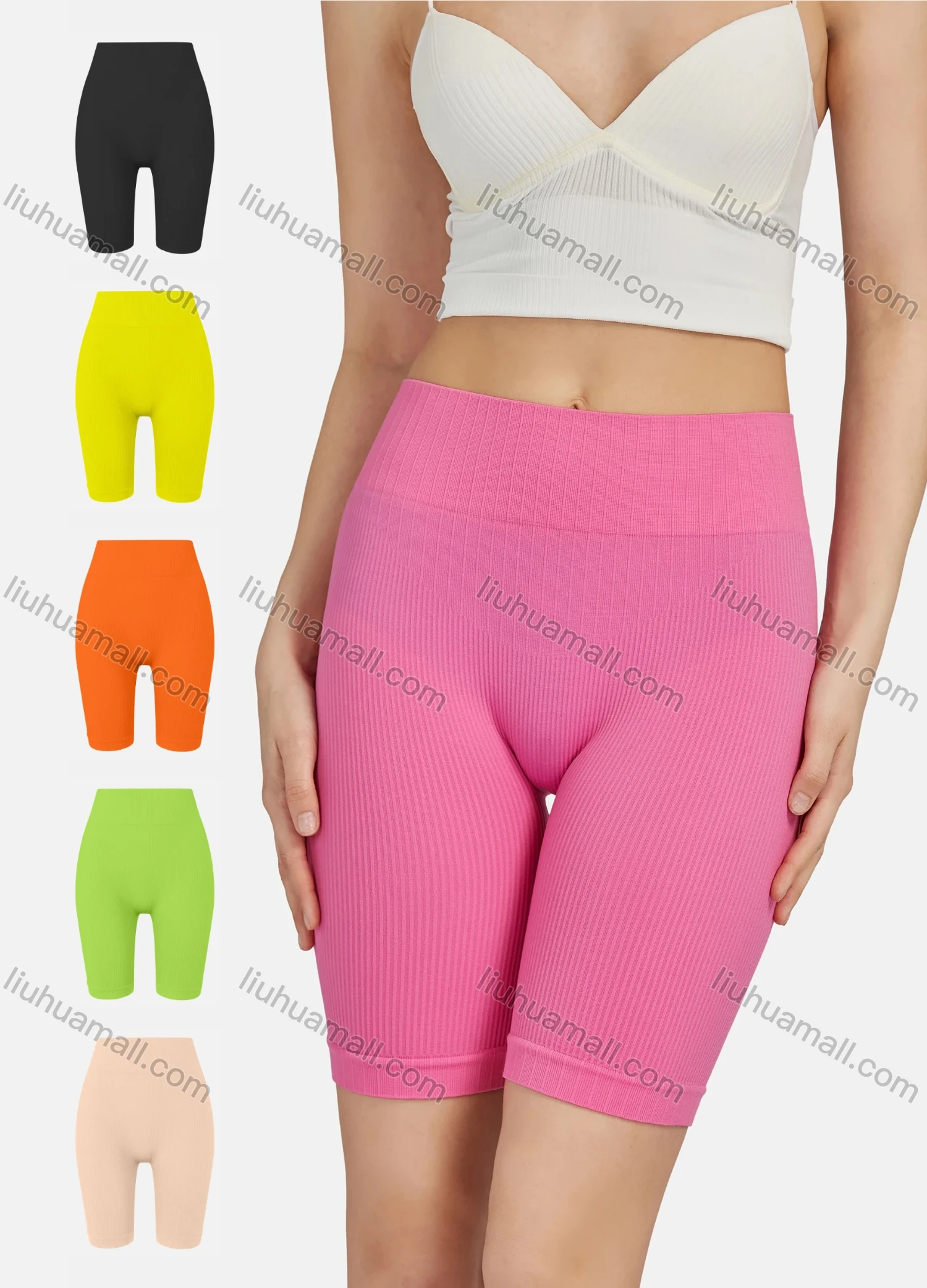 Wholesale Women's Casual Plain Skinny Fit Ribbed High Wasit Shorts E123# - Liuhuamall
