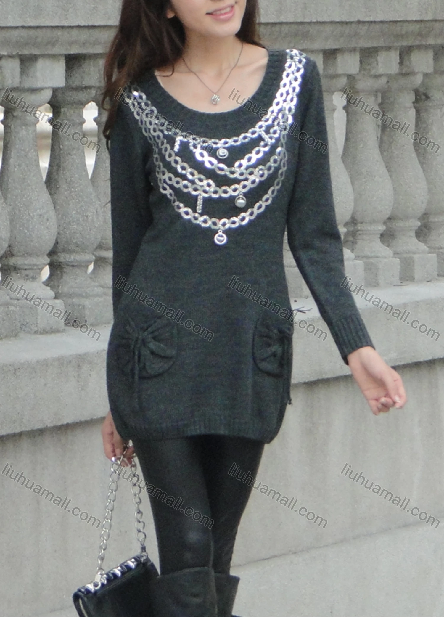 Wholesale Women's Causal Scoop Neck Long Sleeve Sequin Patch Pockets Short Dress - Liuhuamall