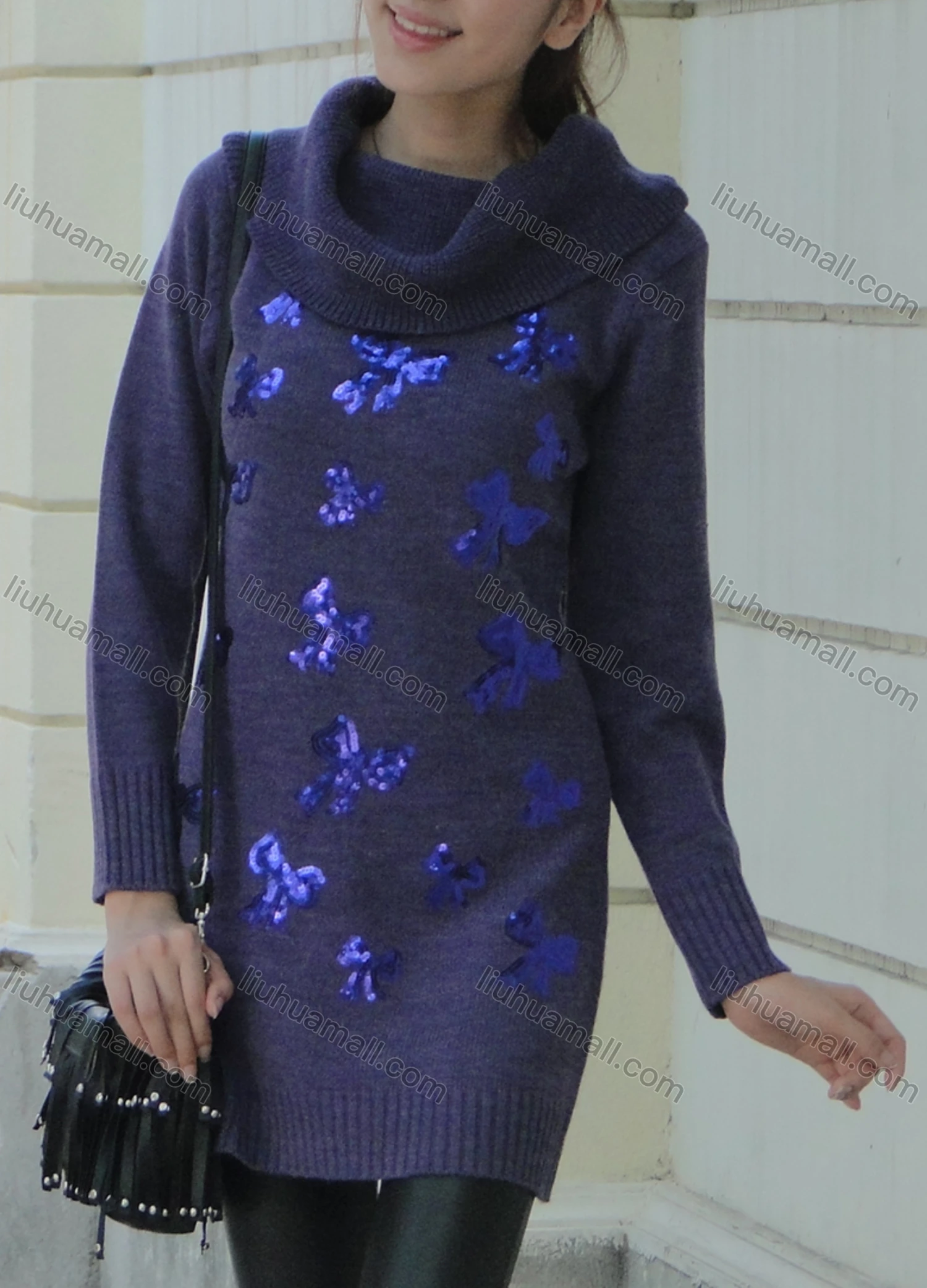 Wholesale Women's Causal Turtleneck Long Sleeve Sequin Short Dress 3015# - Liuhuamall