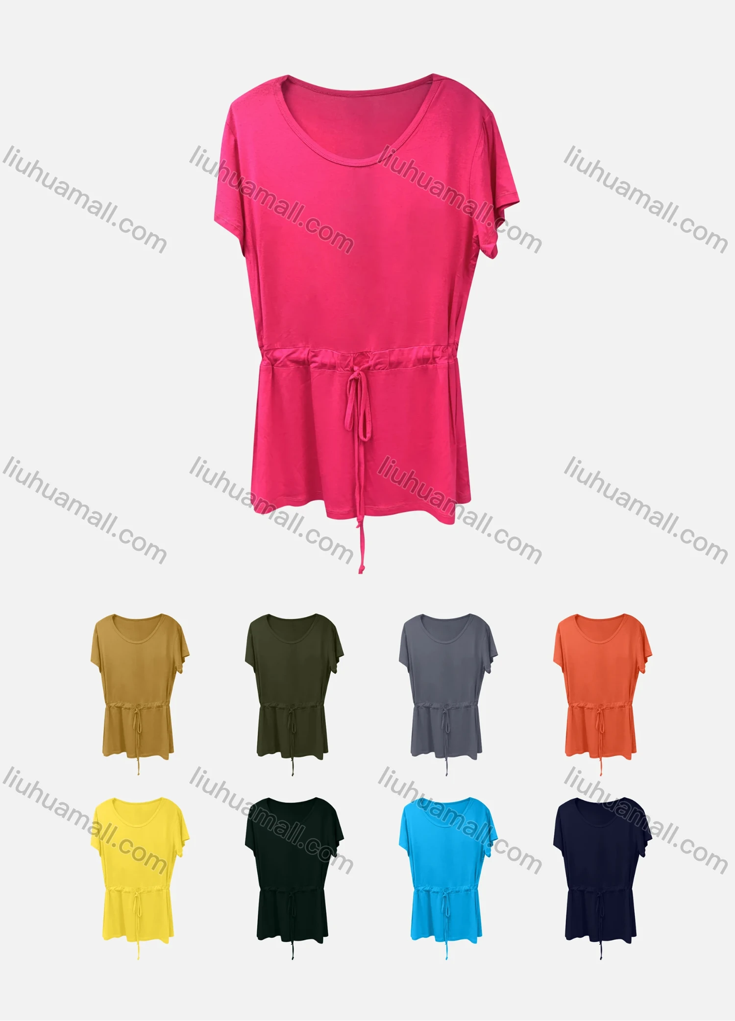 Wholesale Women's Casual Scoop Neck Short Sleeve Drawstring Plain Blouse - Liuhuamall