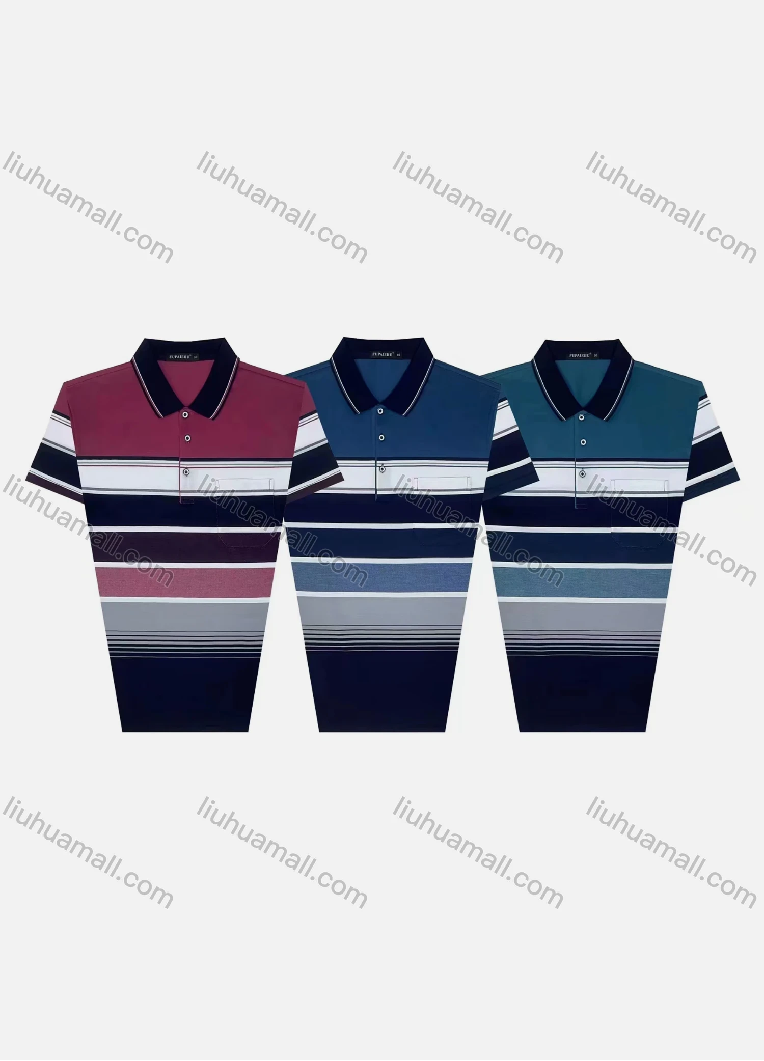 Wholesale Men's Causal Striped Patch Pocket Short Sleeve Polo Shirt - Liuhuamall
