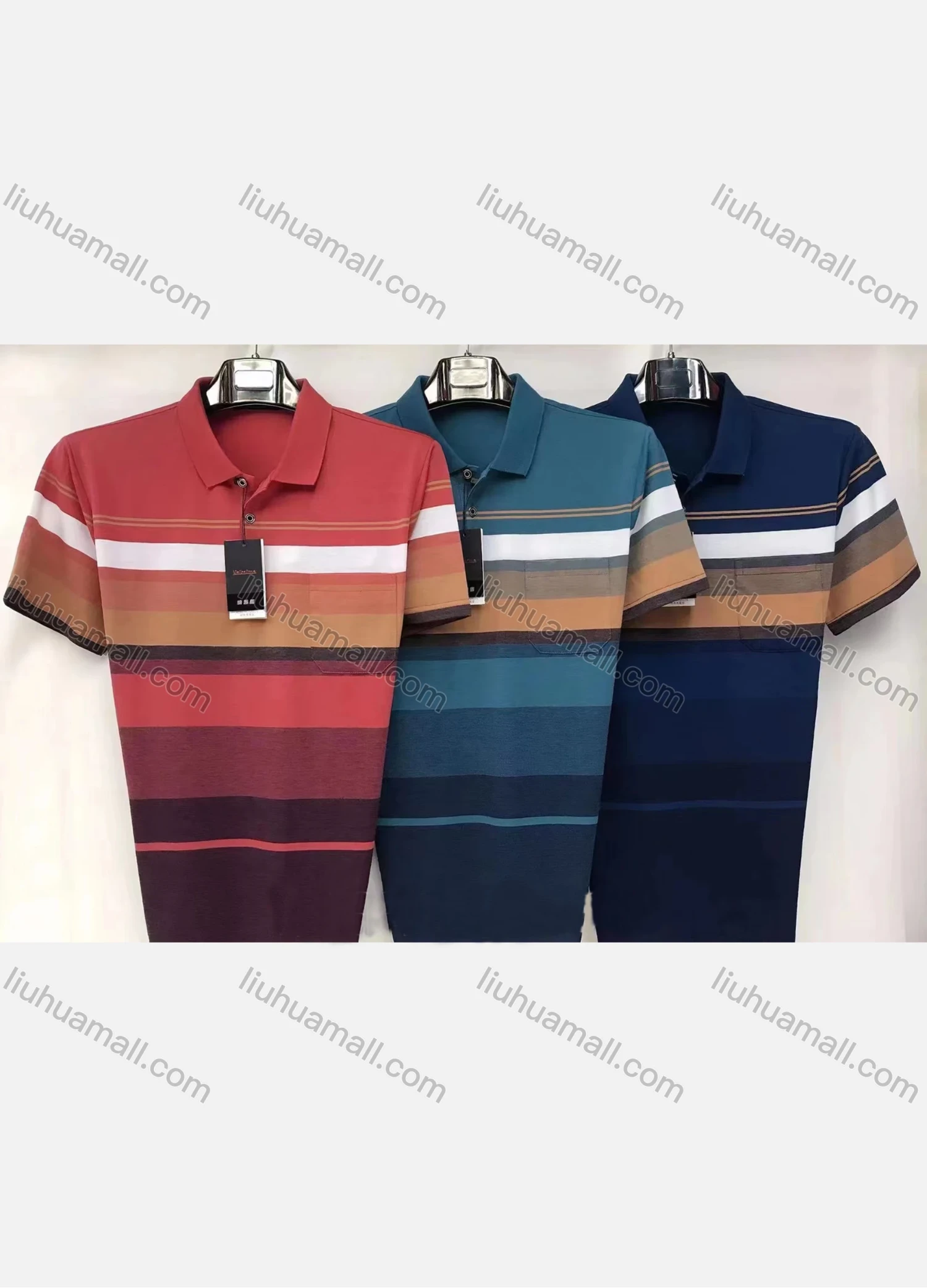 Wholesale Men's Causal Striped Patch Pocket Short Sleeve Polo Shirt - Liuhuamall