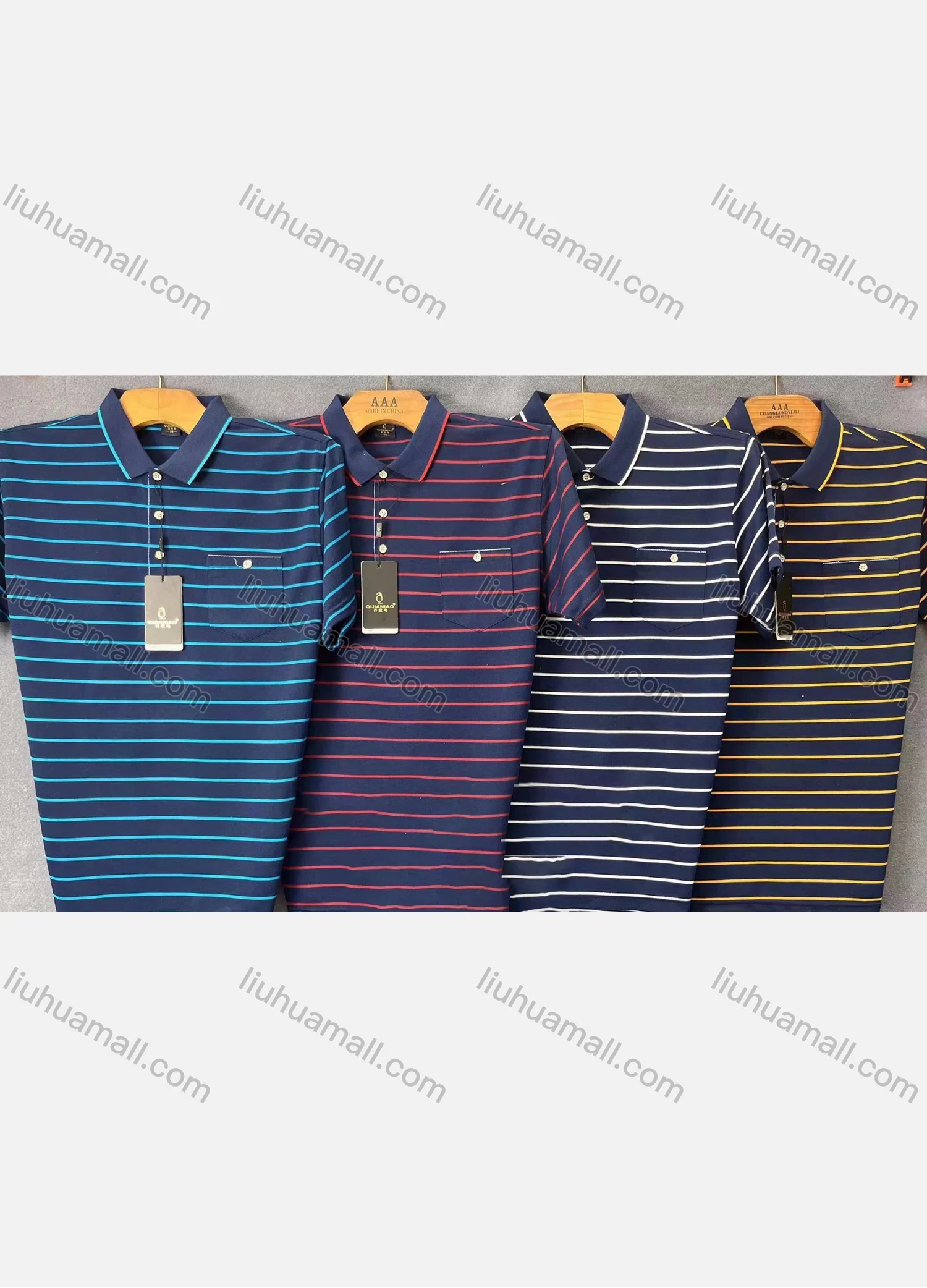 Wholesale Men's Causal Striped Patch Pocket Short Sleeve Polo Shirt - Liuhuamall