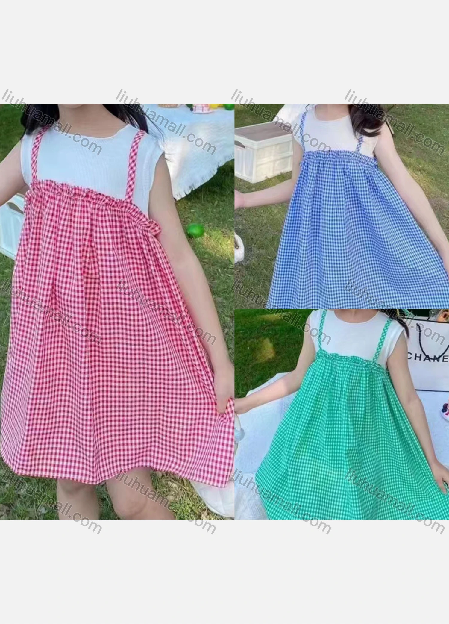 Wholesale Girls Cute Crew Neck Sleeveless Plaid Cami Dress - Liuhuamall