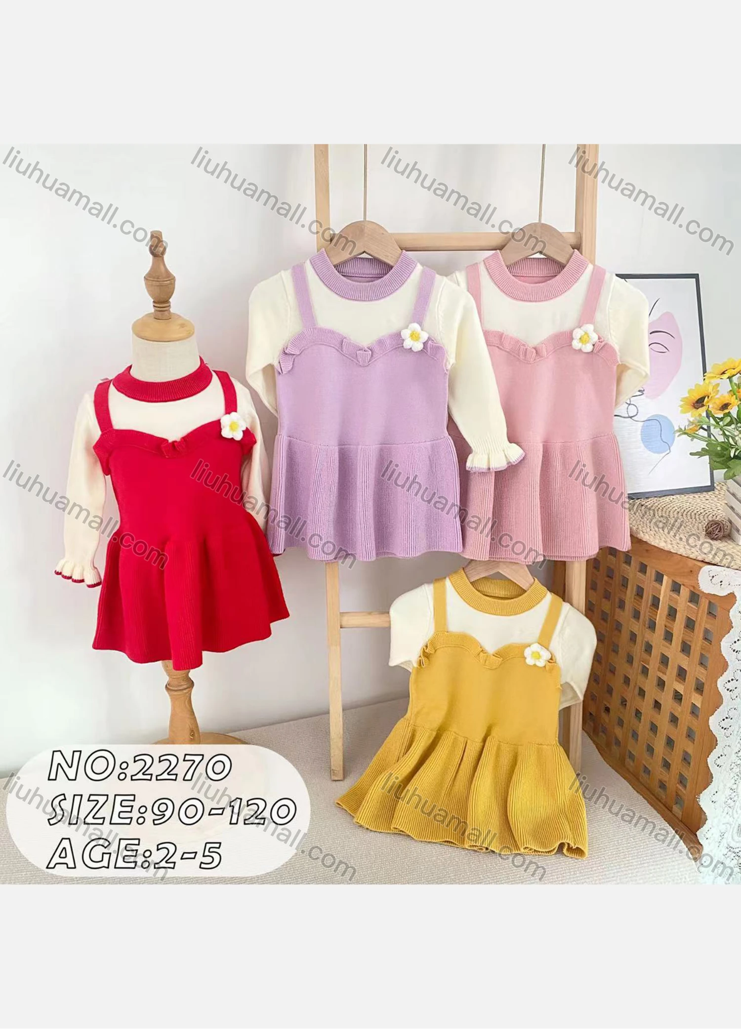 Wholesale Girls Casual Round Neck Long Sleeve Ruffle Hem Knit Dress (Pack Of 12)2270# - Liuhuamall
