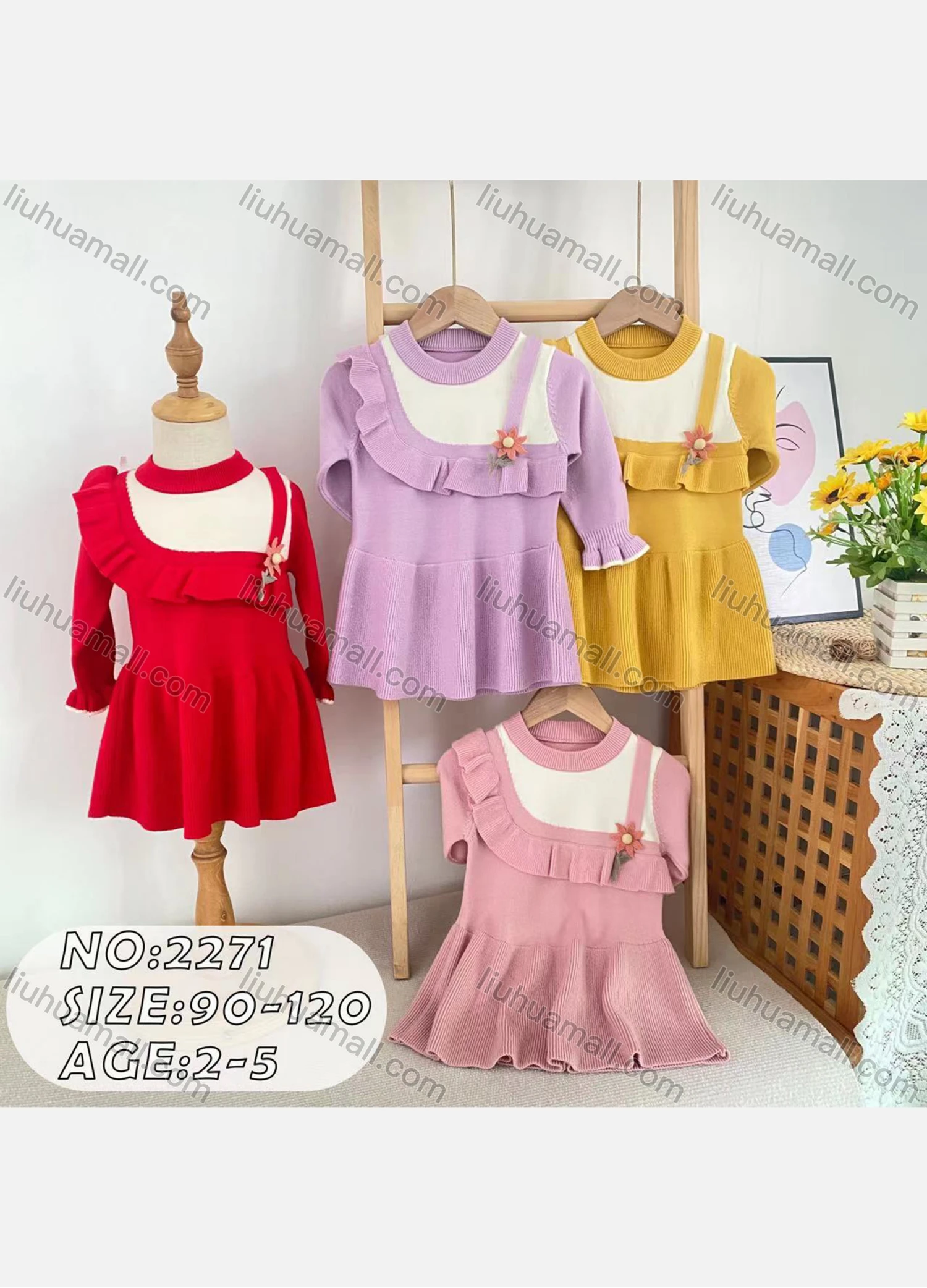 Wholesale Girls Casual Round Neck Long Sleeve Ruffle Hem Knit Dress (Pack Of 12)2271# - Liuhuamall