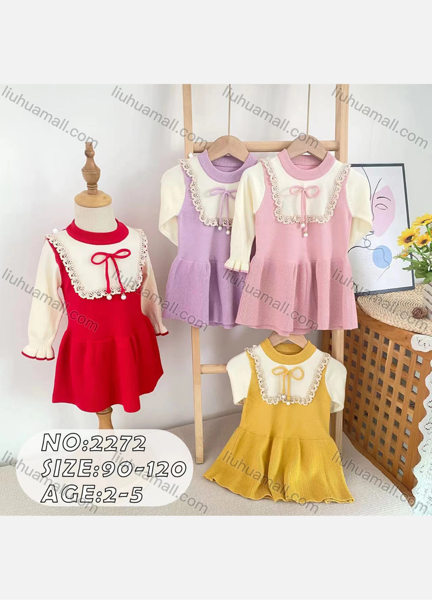 Wholesale Girls Casual Round Neck Long Sleeve Lace Trim Ruffle Hem Knit Dress (Pack Of 12) 2272# - Liuhuamall