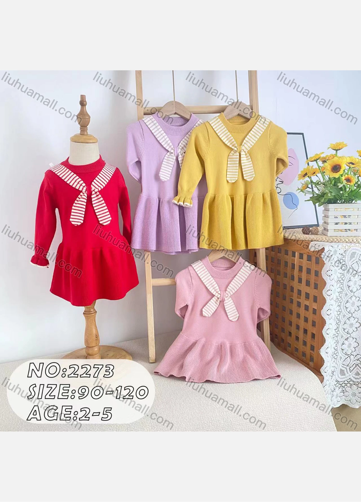 Wholesale Girls Casual Round Neck Long Sleeve Ruffle Hem Knit Dress (Pack Of 12) 2273# - Liuhuamall