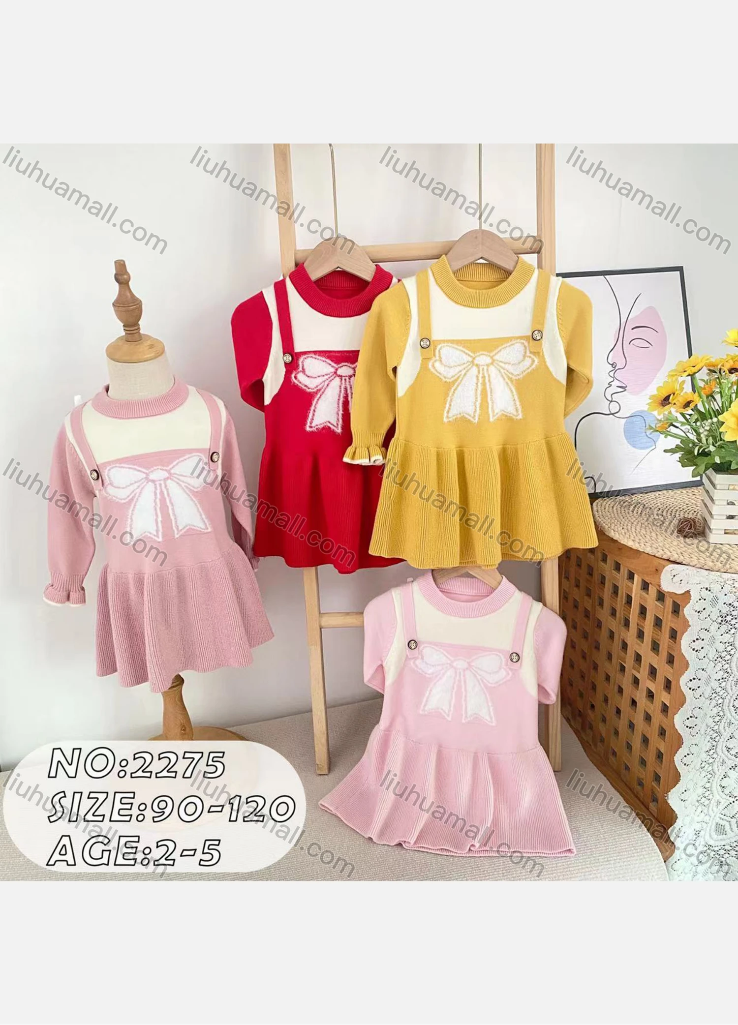 Wholesale Girls Casual Round Neck Long Sleeve Bow Knot Pattern Ruffle Hem Knit Dress (Pack Of 12) 2275# - Liuhuamall