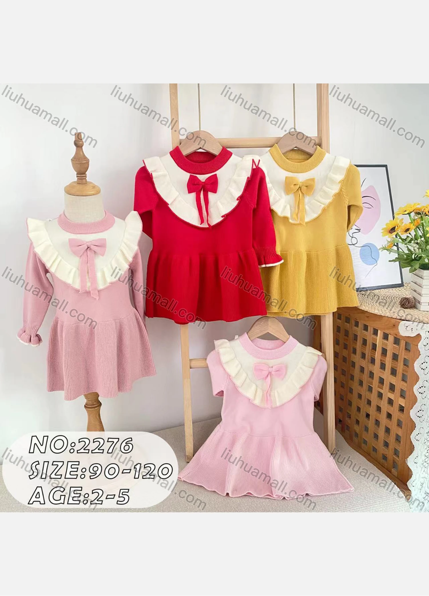 Wholesale Girls Casual Round Neck Long Sleeve Bow Knot Ruffle Hem Knit Dress (Pack Of 12) 2276# - Liuhuamall