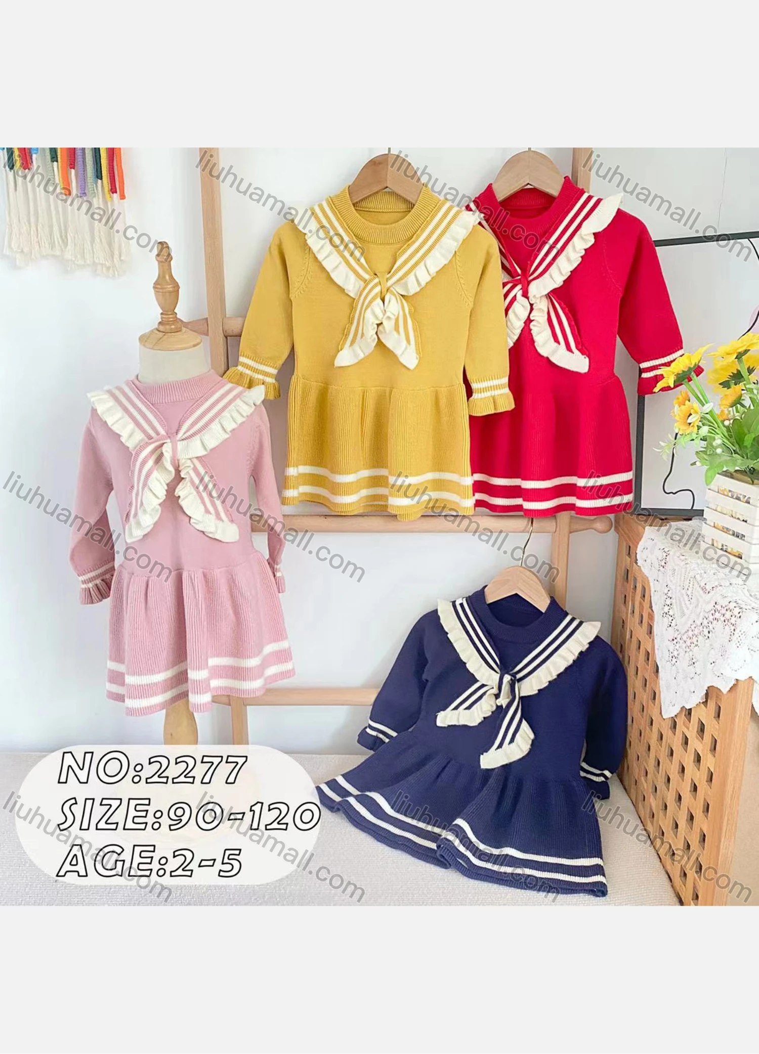 Wholesale Girls Casual Round Neck Long Sleeve Bow Knot Ruffle Hem Knit Dress (Pack Of 12) 2277# - Liuhuamall