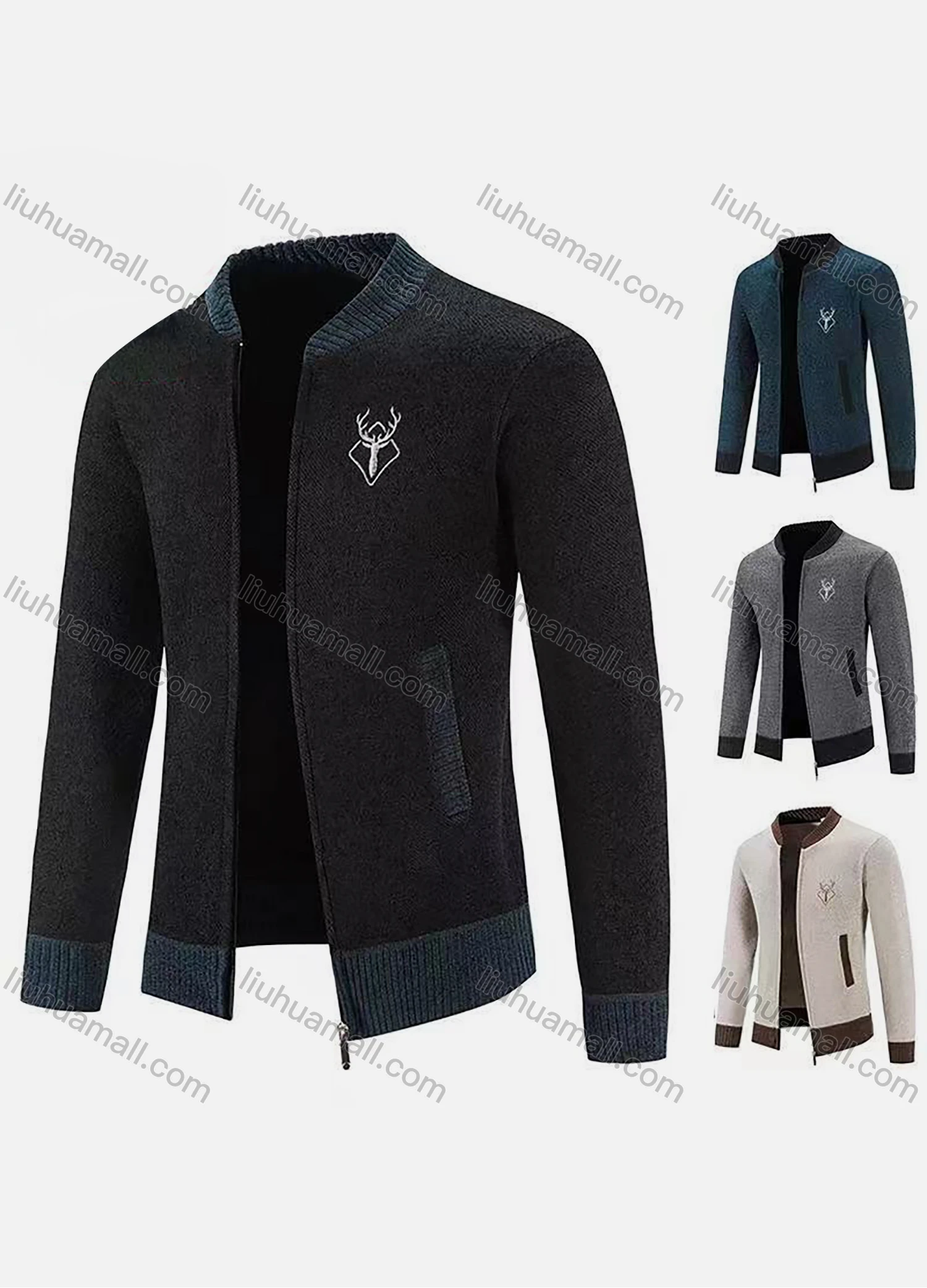 Wholesale Men's Casual Mock Neck Zip Long Sleeve Contrast Jacket - Liuhuamall