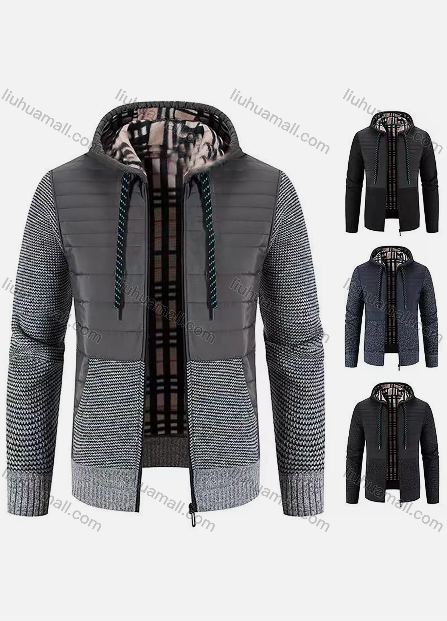 Wholesale Men's Casual Hooded Zip Long Sleeve Colorblock Jacket - Liuhuamall