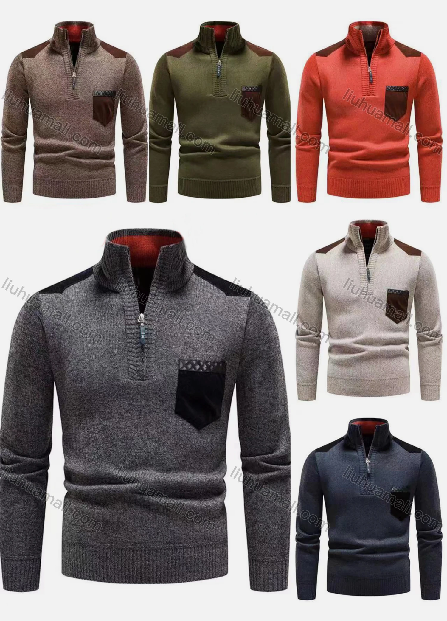 Wholesale Men's Casual Colorblock High Neck Quarter Zip Long Sleeve Sweater - Liuhuamall