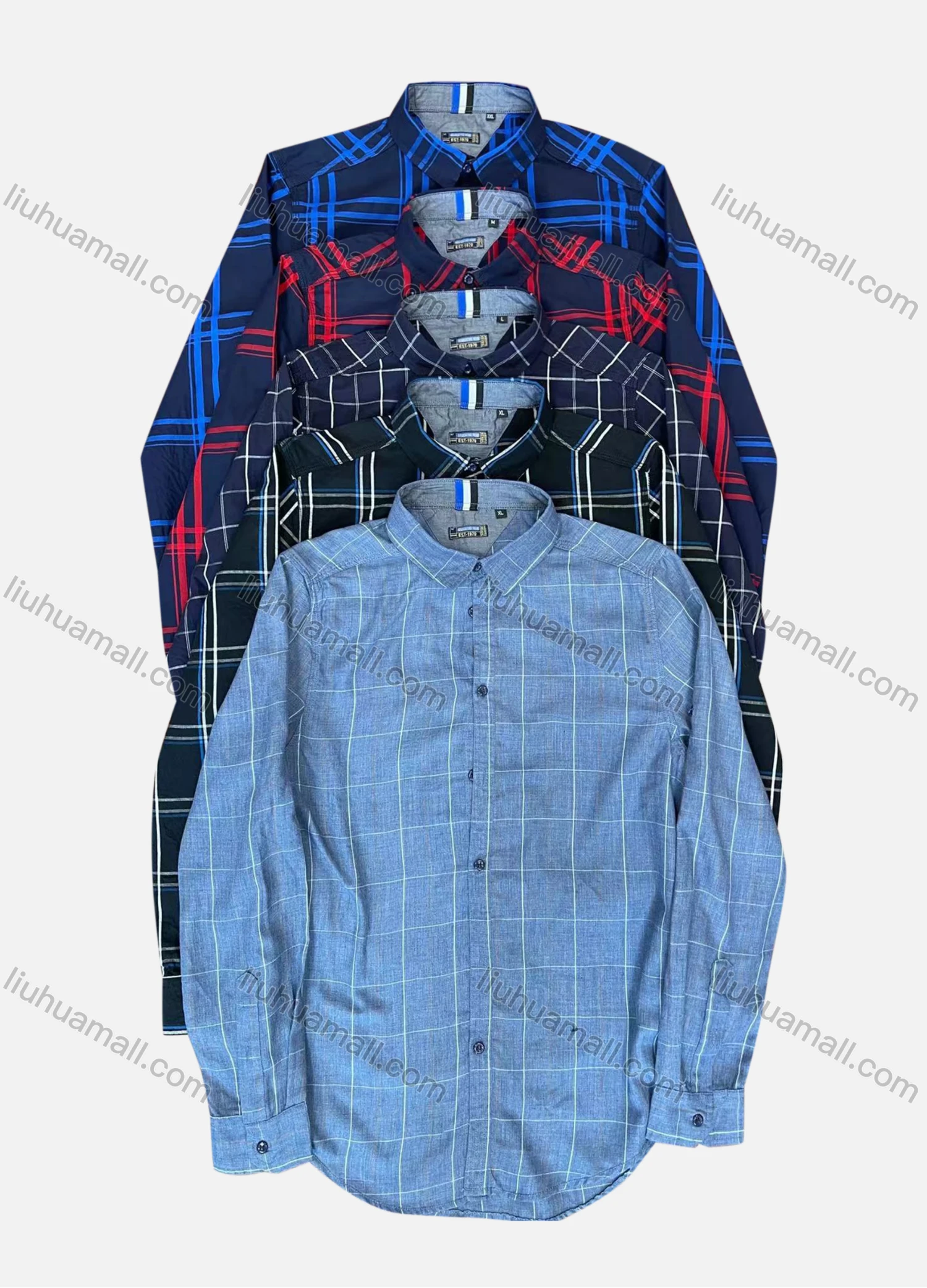 Wholesale Men's Casual Collared Long Sleeve Button Down Plaid Print Shirt - Liuhuamall