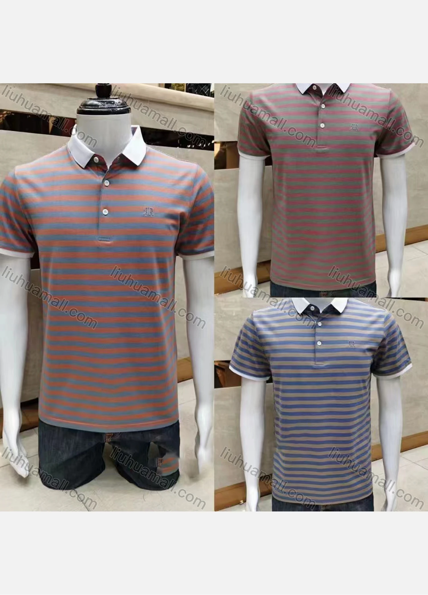 Wholesale Men's Cotton Striped Print Embroidery Short Sleeve Polo Shirt 22A8# - Liuhuamall