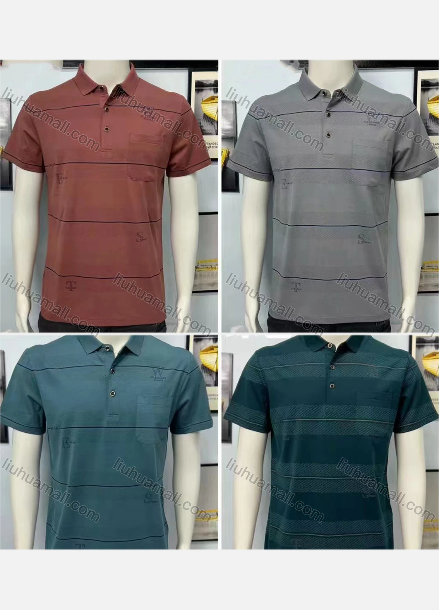 Wholesale Men's Cotton Striped Print Patch Pocket Short Sleeve Polo Shirt A016# - Liuhuamall