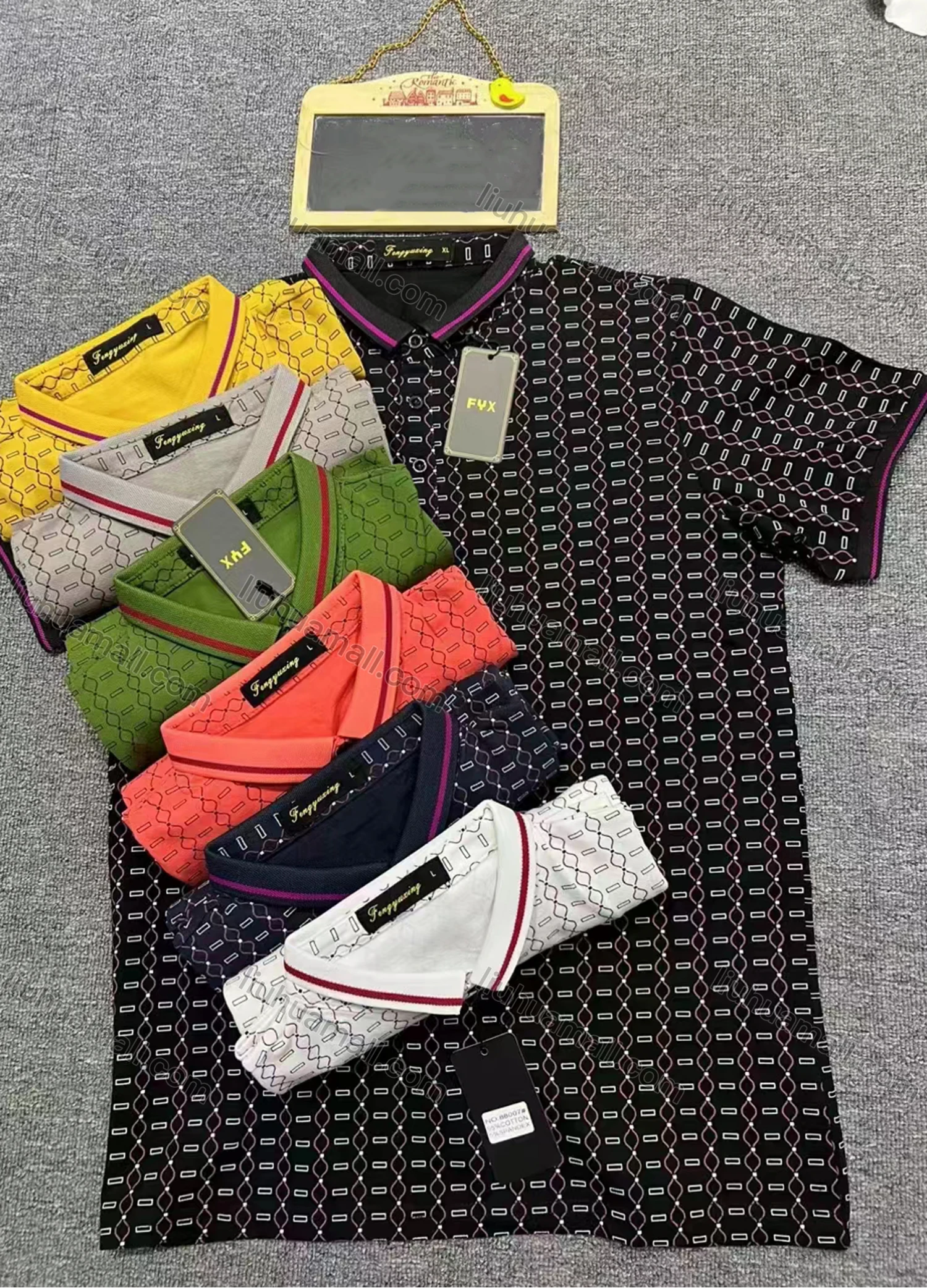 Wholesale Men's Cotton Contrast Color Allover Print Short Sleeve Polo Shirt 88007# - Liuhuamall