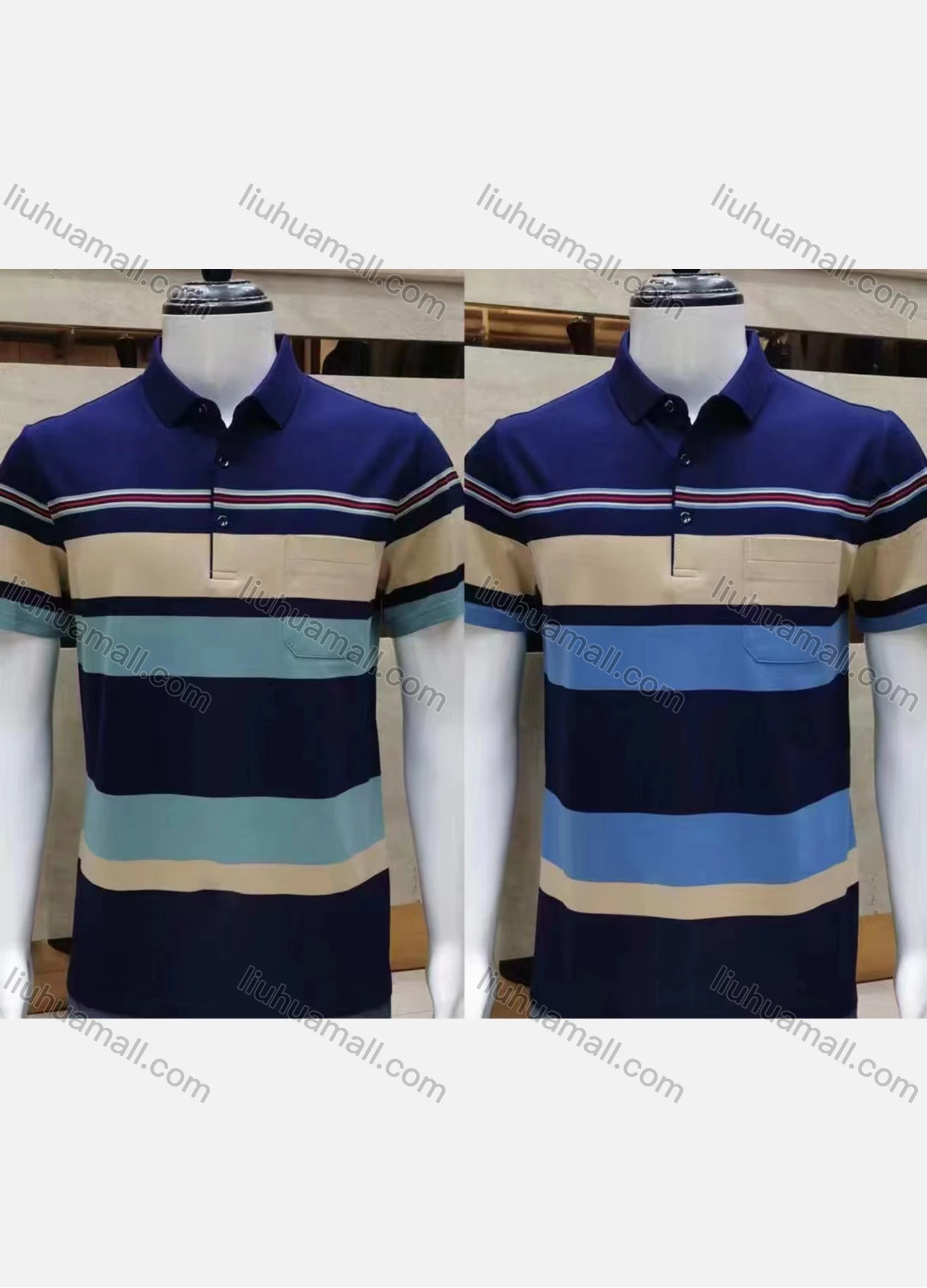 Wholesale Men's Business Mercerized Cotton Striped Colorblock Patch Pocket Short Sleeve Polo Shirt 8246# - Liuhuamall