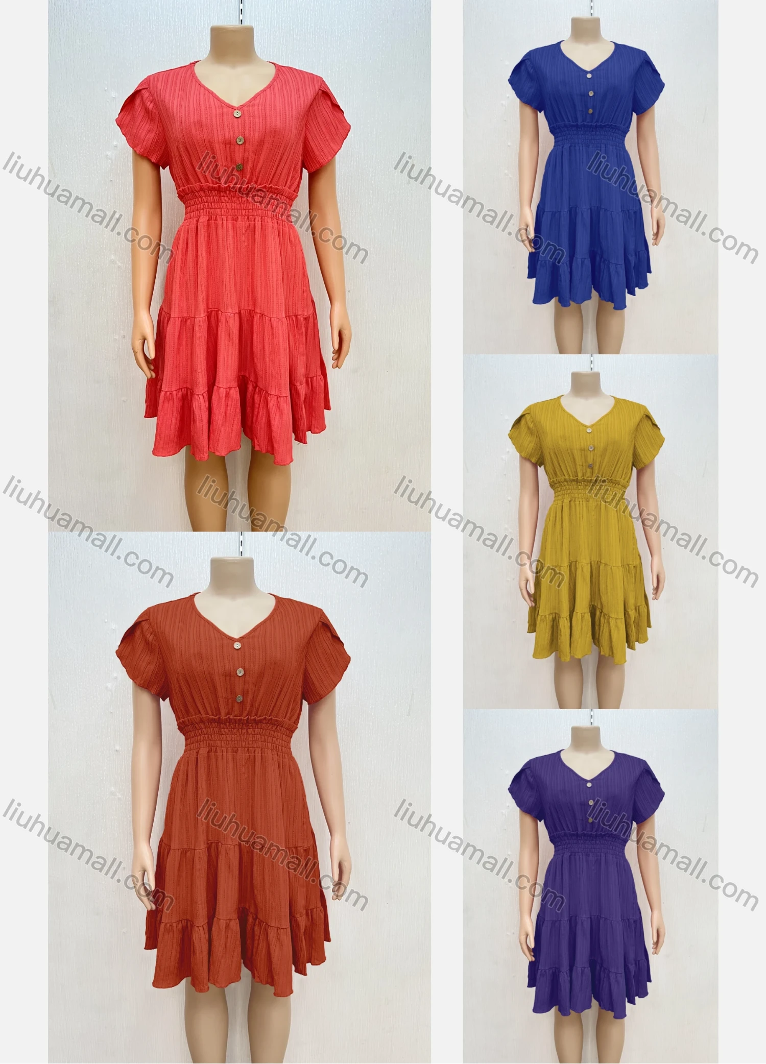 Wholesale Women's Casual Short Sleeve Tiered Plain Peplum Knee Length Dress - Liuhuamall
