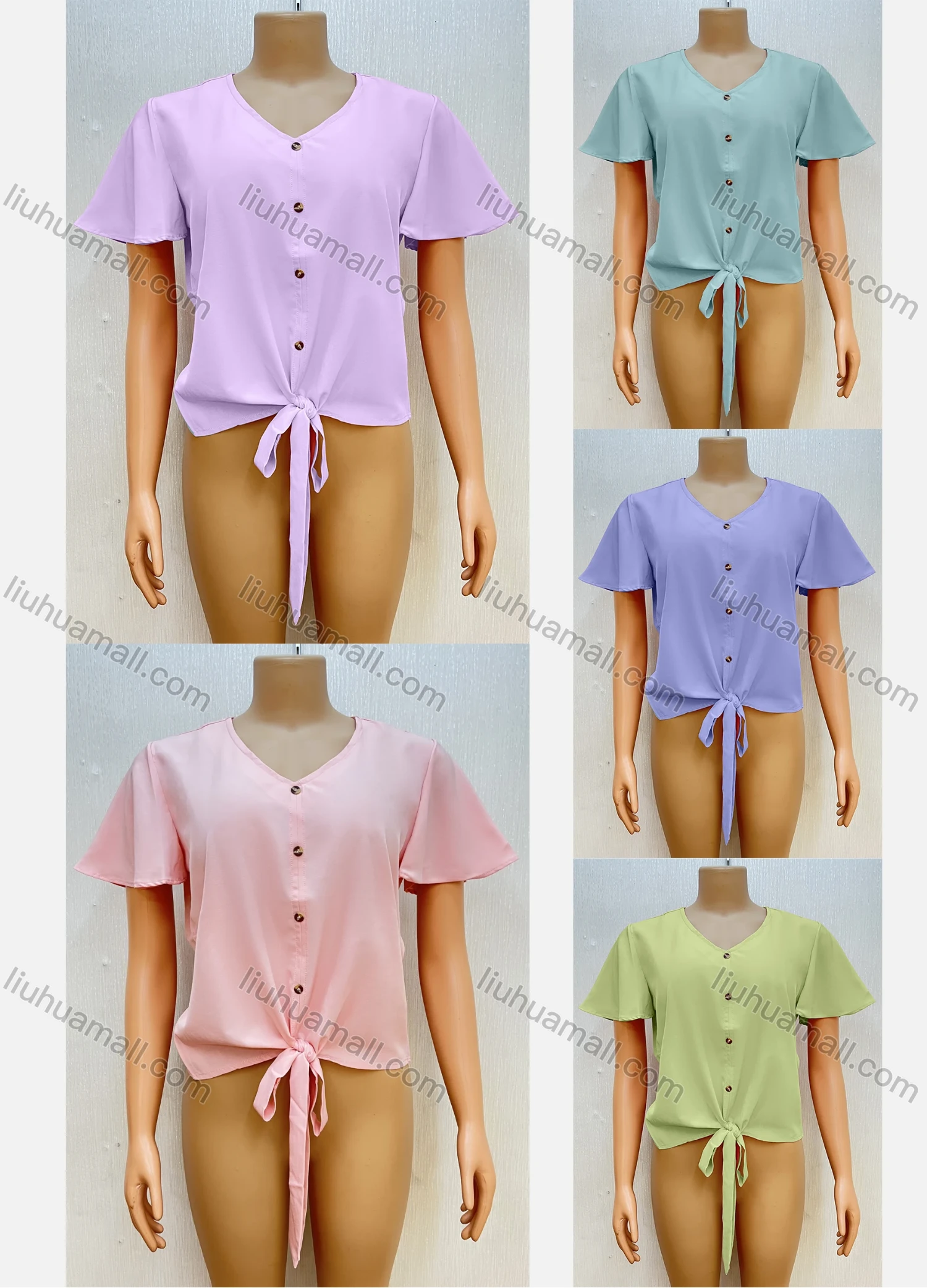 Wholesale Women's Casual V Neck Lace Up Short Sleeve Button Decro Crop Top - Liuhuamall