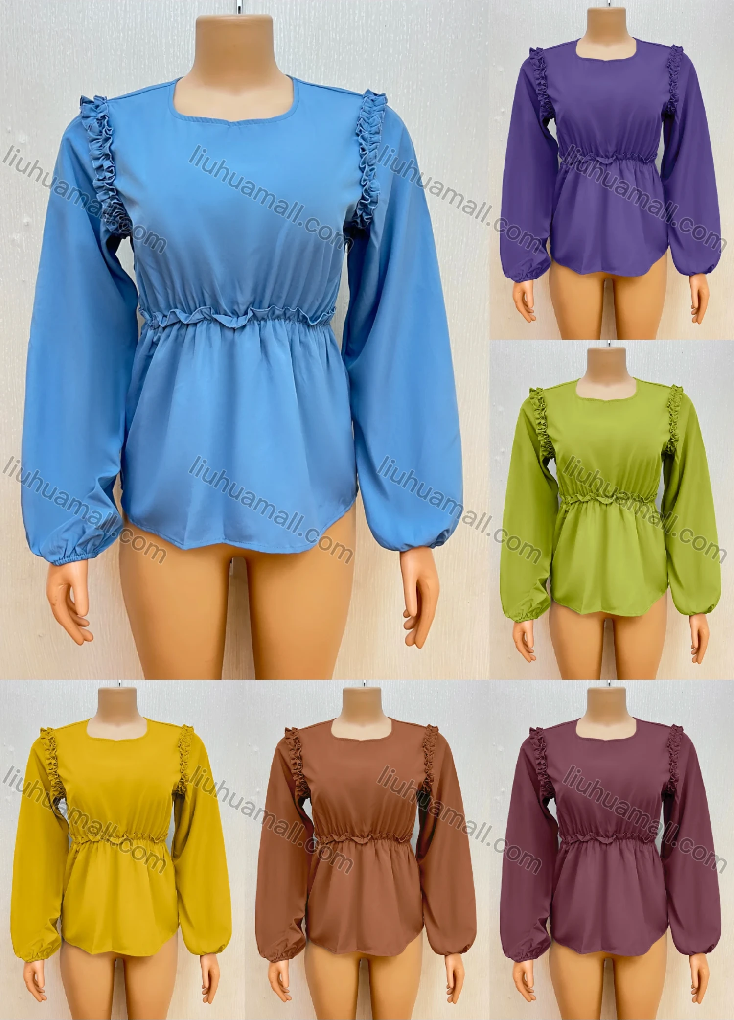 Wholesale Women's Casual Square Neck Long Sleeve Ruffle Trim Top - Liuhuamall