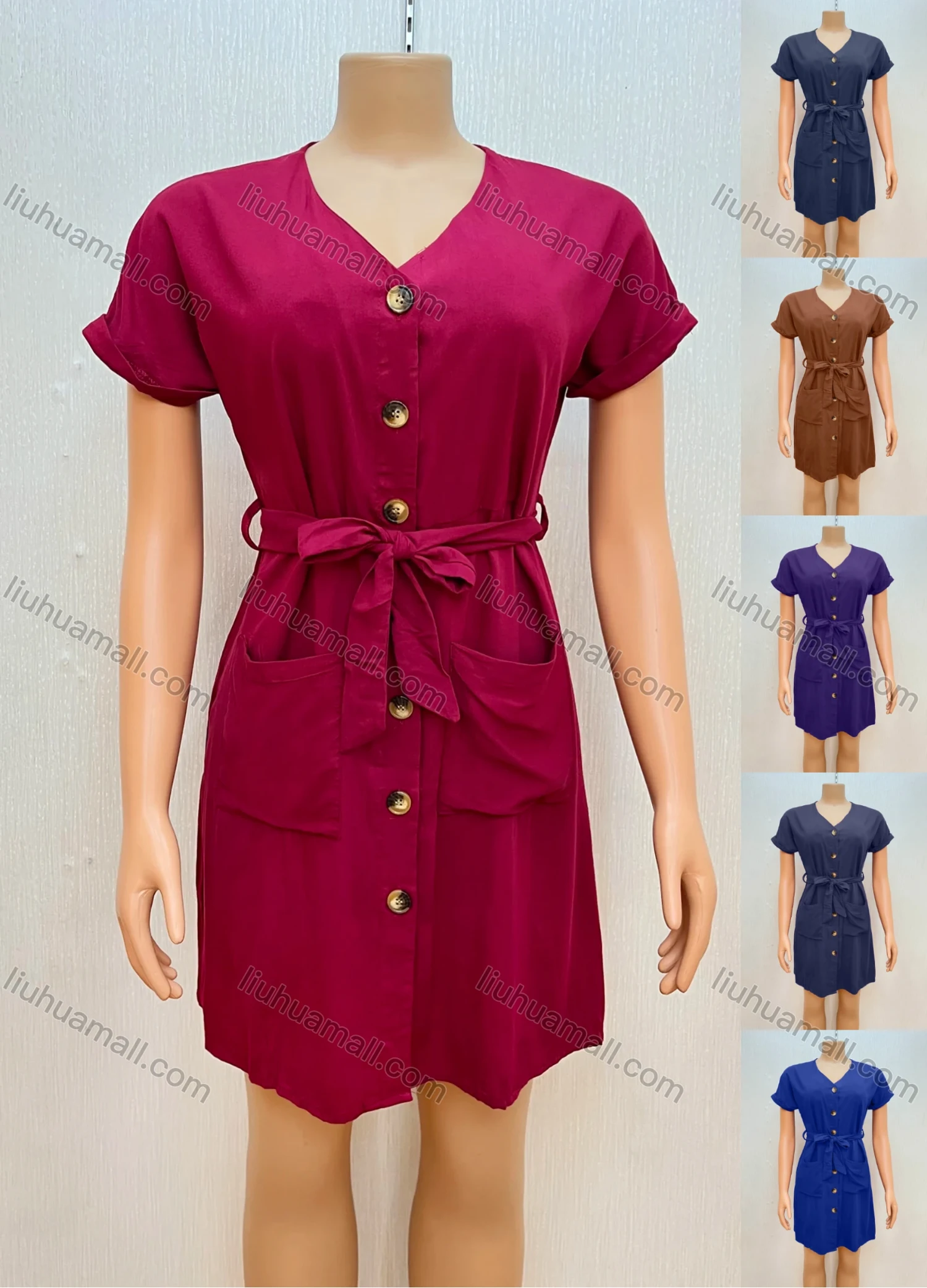 Wholesale Women's Casual V Neck Short Sleeve Plain Patch Pockets Short Dress - Liuhuamall