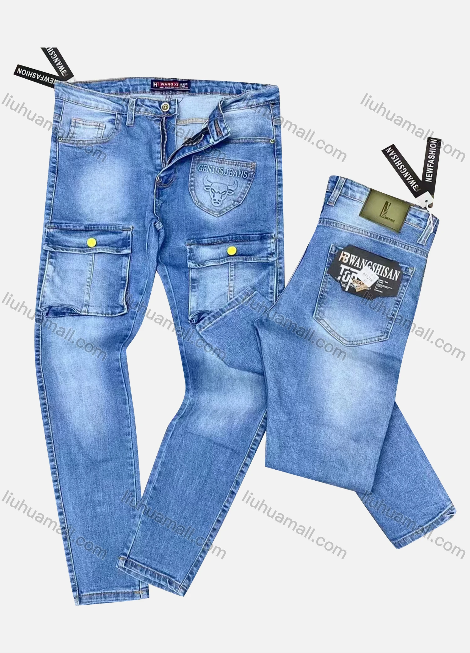 Wholesale Men's Casual Plain Distressed Multiple Pockets Straight Leg Jean A1121# - Liuhuamall
