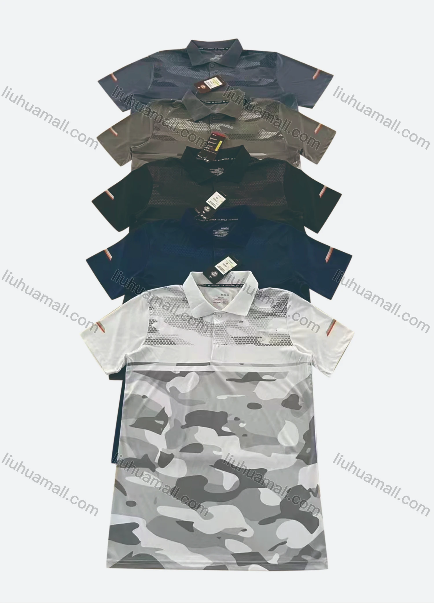 Wholesale Men's Quick Dry Workout Camo Print Splicing Short Sleeve Round Neck Sports Polo P65# - Liuhuamall