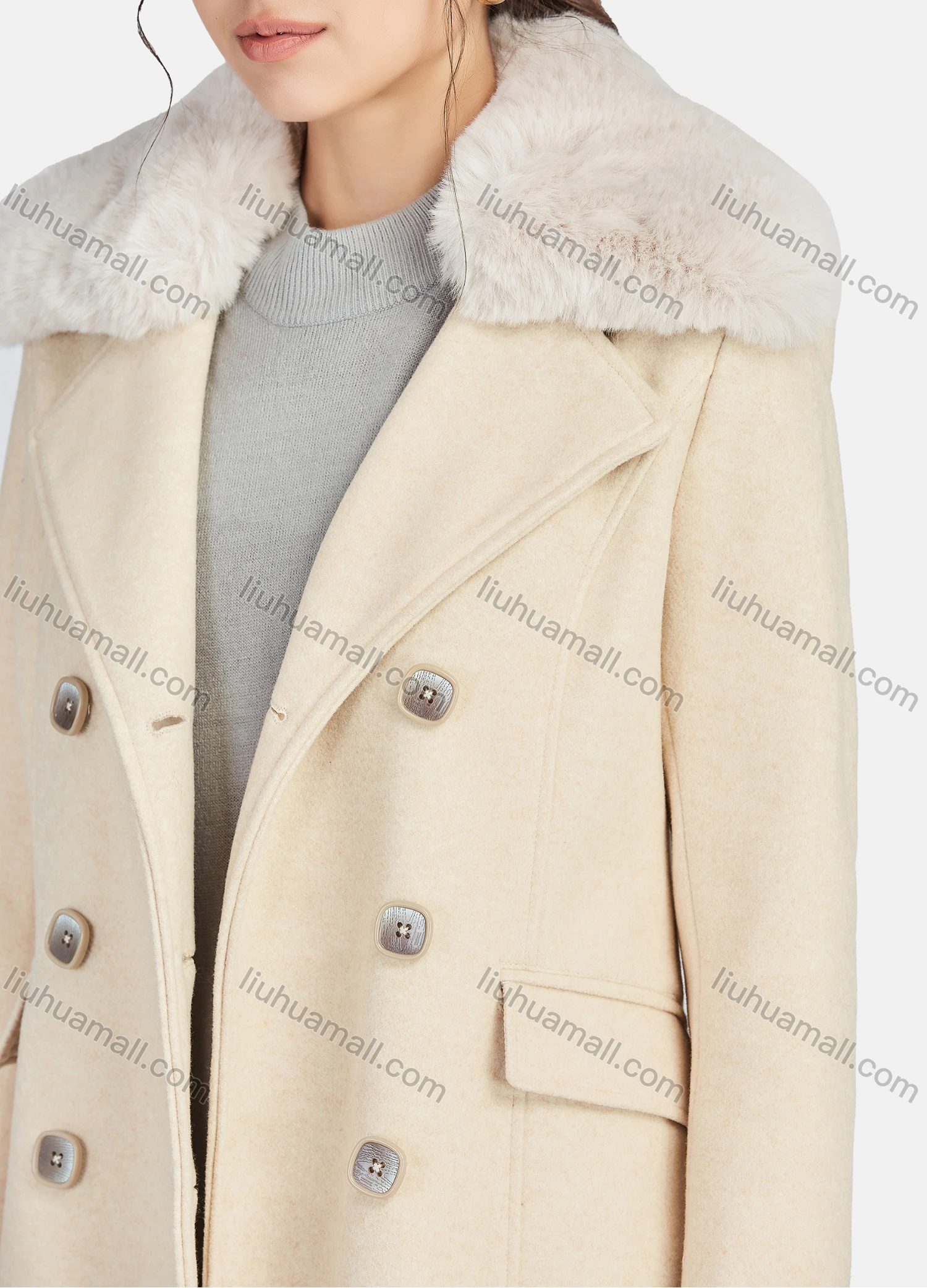 Wholesale Women's Casual Plain Lapel Button Down Wool Over Coat 2202# - Liuhuamall