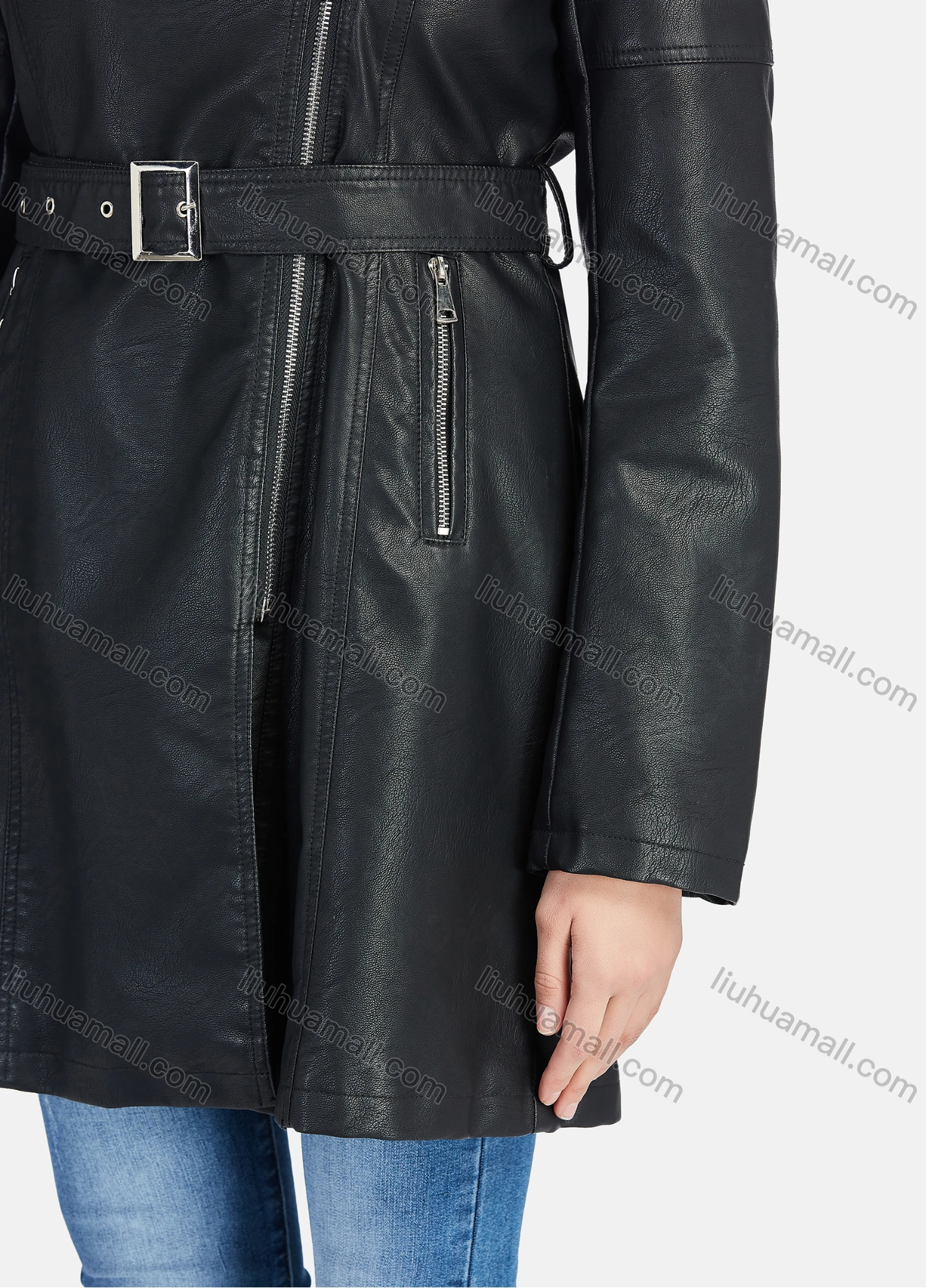 Wholesale Women's Casual Plain Lapel Zipper PU Leather Mid Length Jacket With Belt 2203# - Liuhuamall