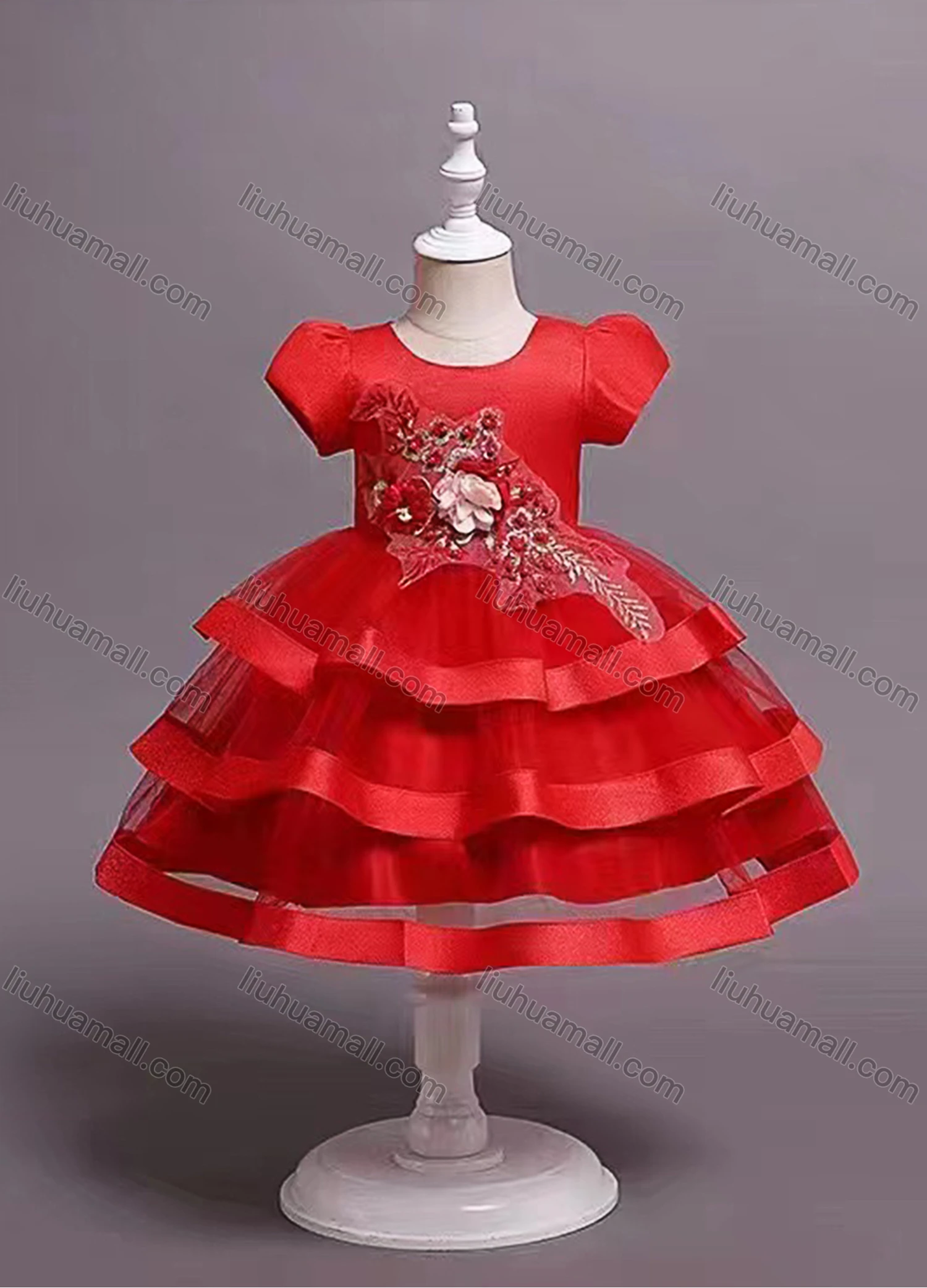 Wholesale Girls Lovely Cap Sleeve 3D Floral Lace Tiered Dress 023# - Liuhuamall