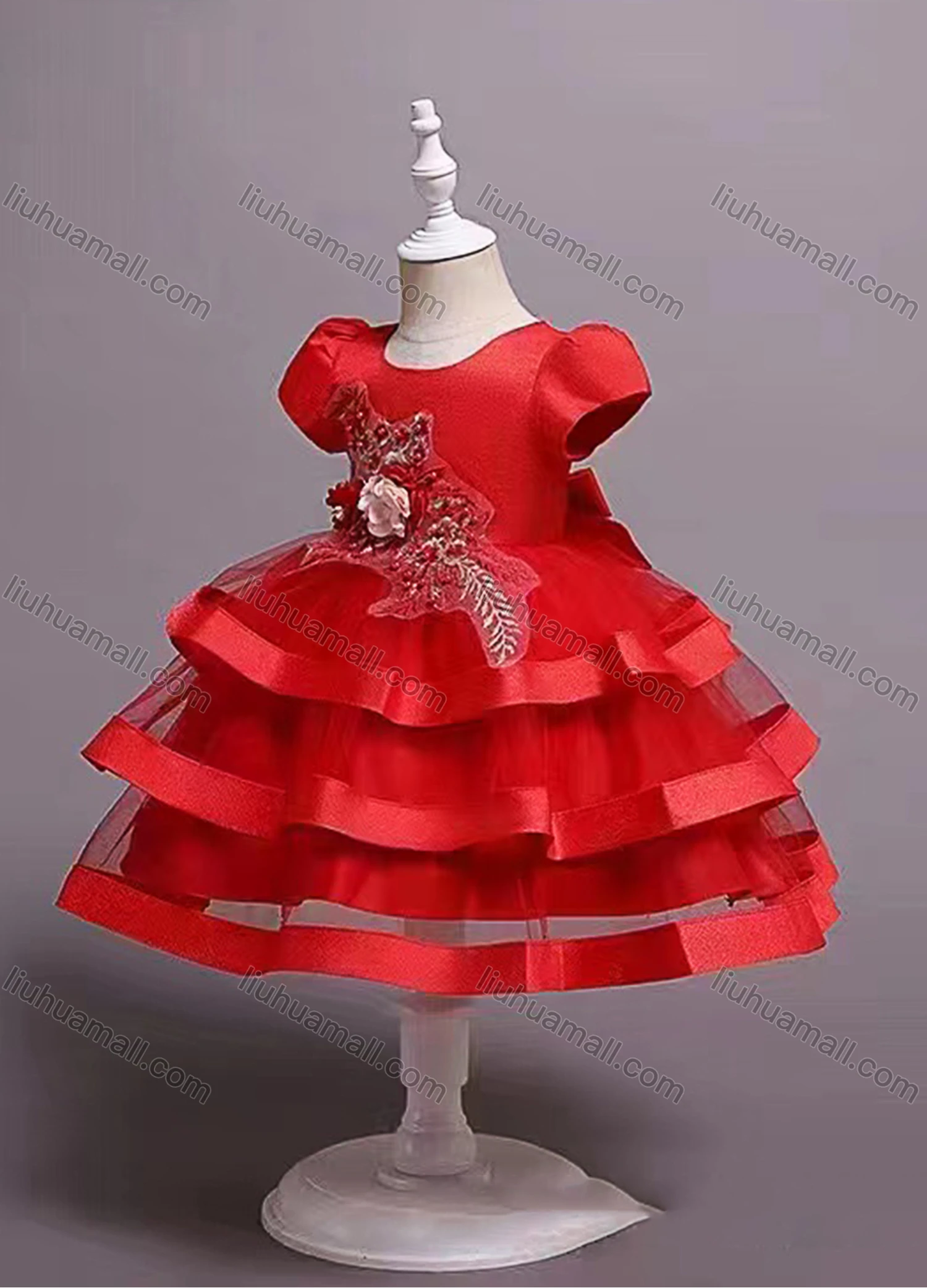 Wholesale Girls Lovely Cap Sleeve 3D Floral Lace Tiered Dress 023# - Liuhuamall