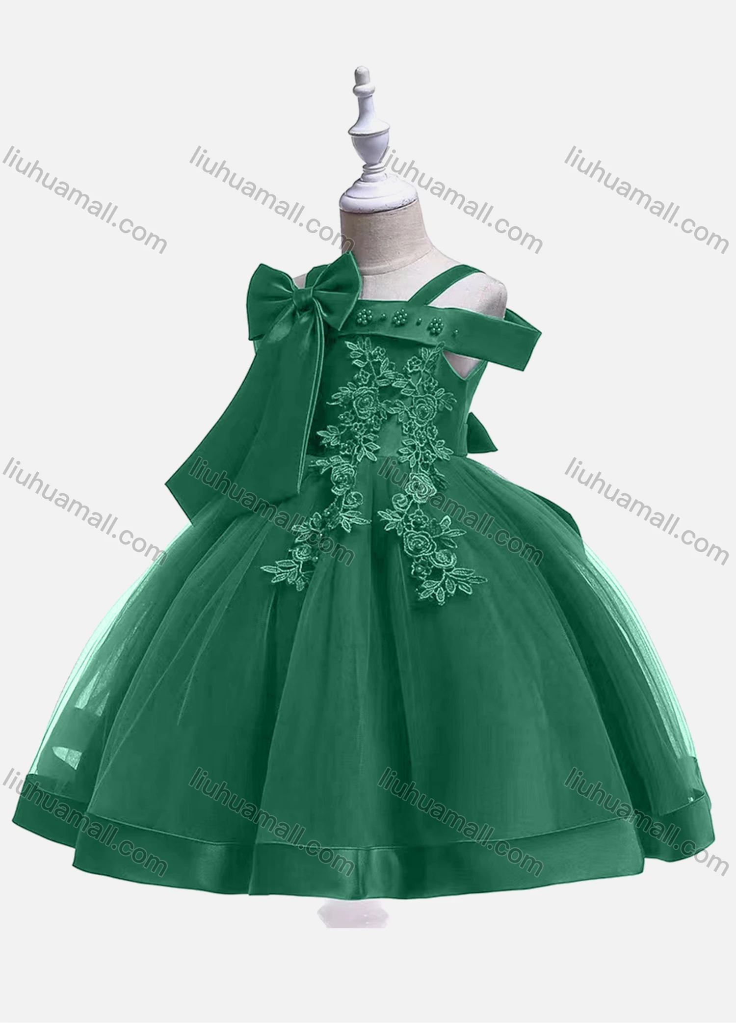 Wholesale Girls Lovely Sleeveless Appliques Lace Bow Knot Tiered Dress - Liuhuamall