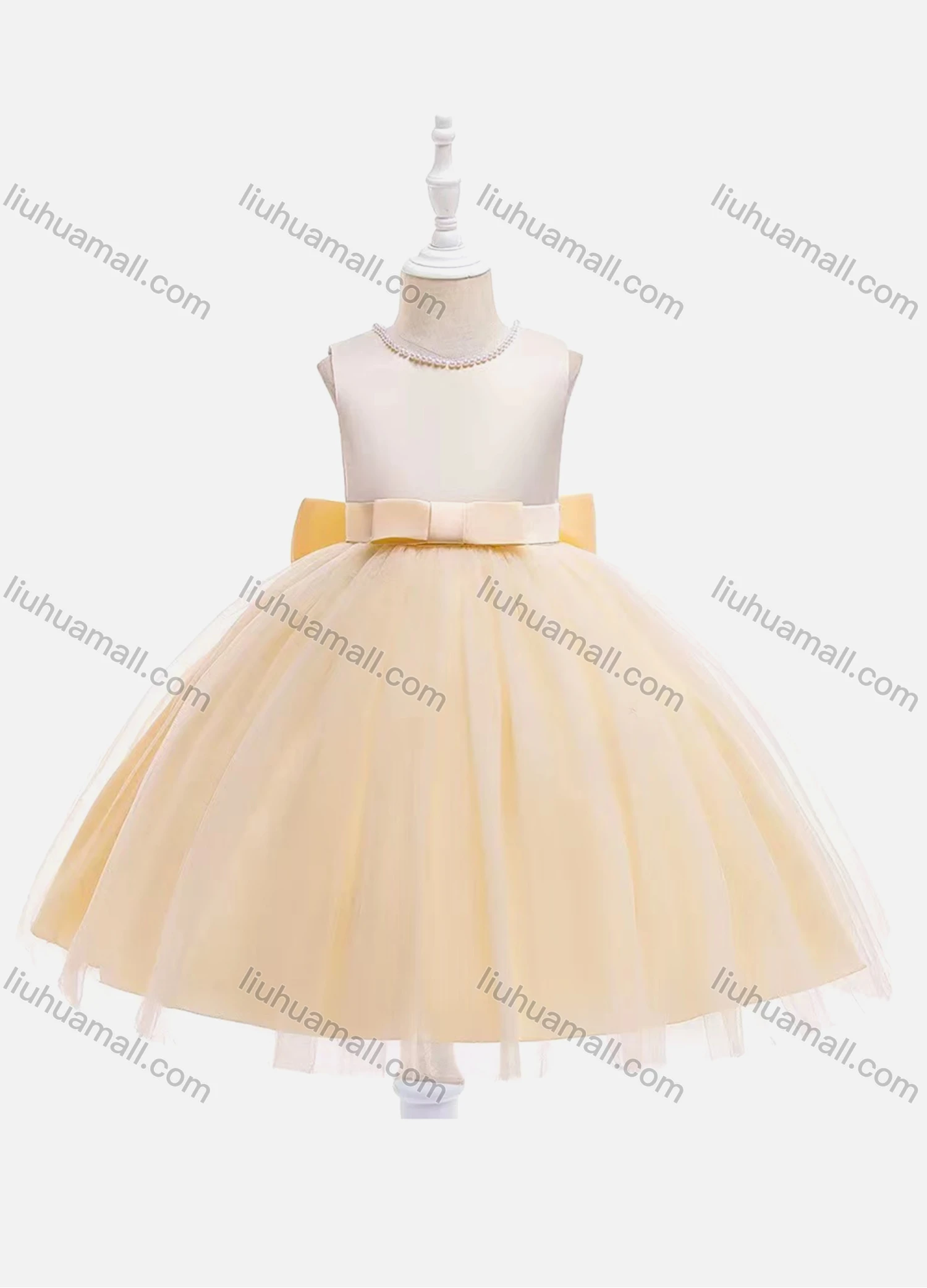Wholesale Girls Lovely Sleeveless Pearl Decro Lace Bow Knot Pleated Dress - Liuhuamall