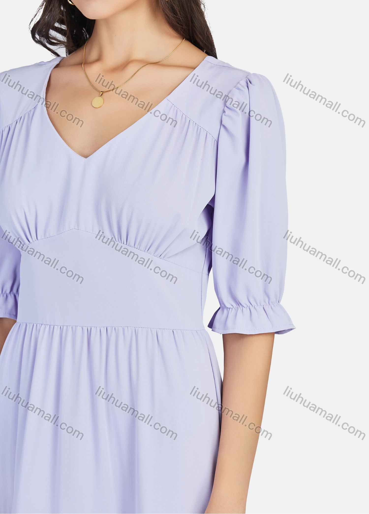 Wholesale Women's Casual Plain V Neck Poet Sleeve Ruched Ruffle Trim Layered Ruffle Hem Midi Dress - Liuhuamall