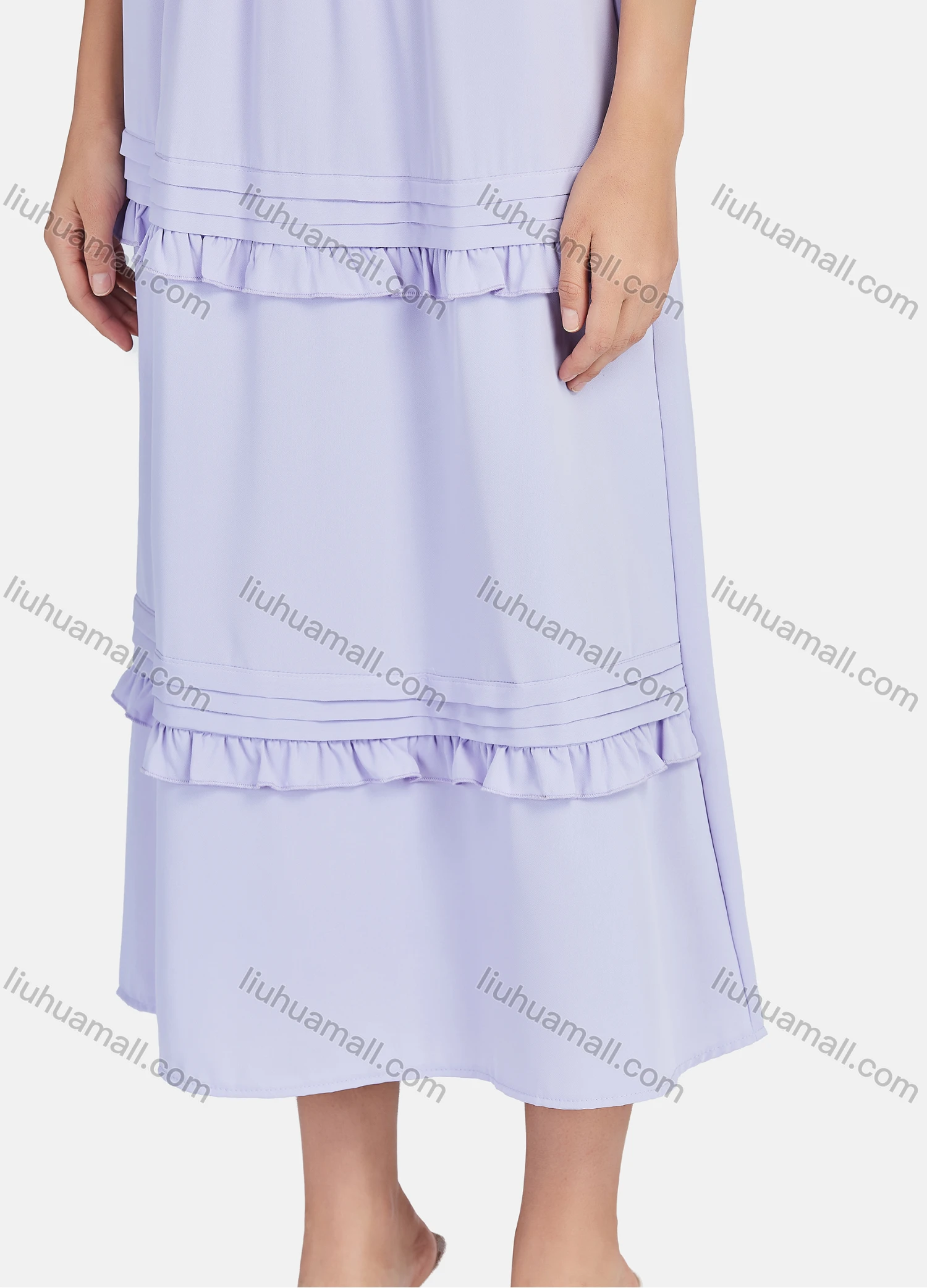 Wholesale Women's Casual Plain V Neck Poet Sleeve Ruched Ruffle Trim Layered Ruffle Hem Midi Dress - Liuhuamall