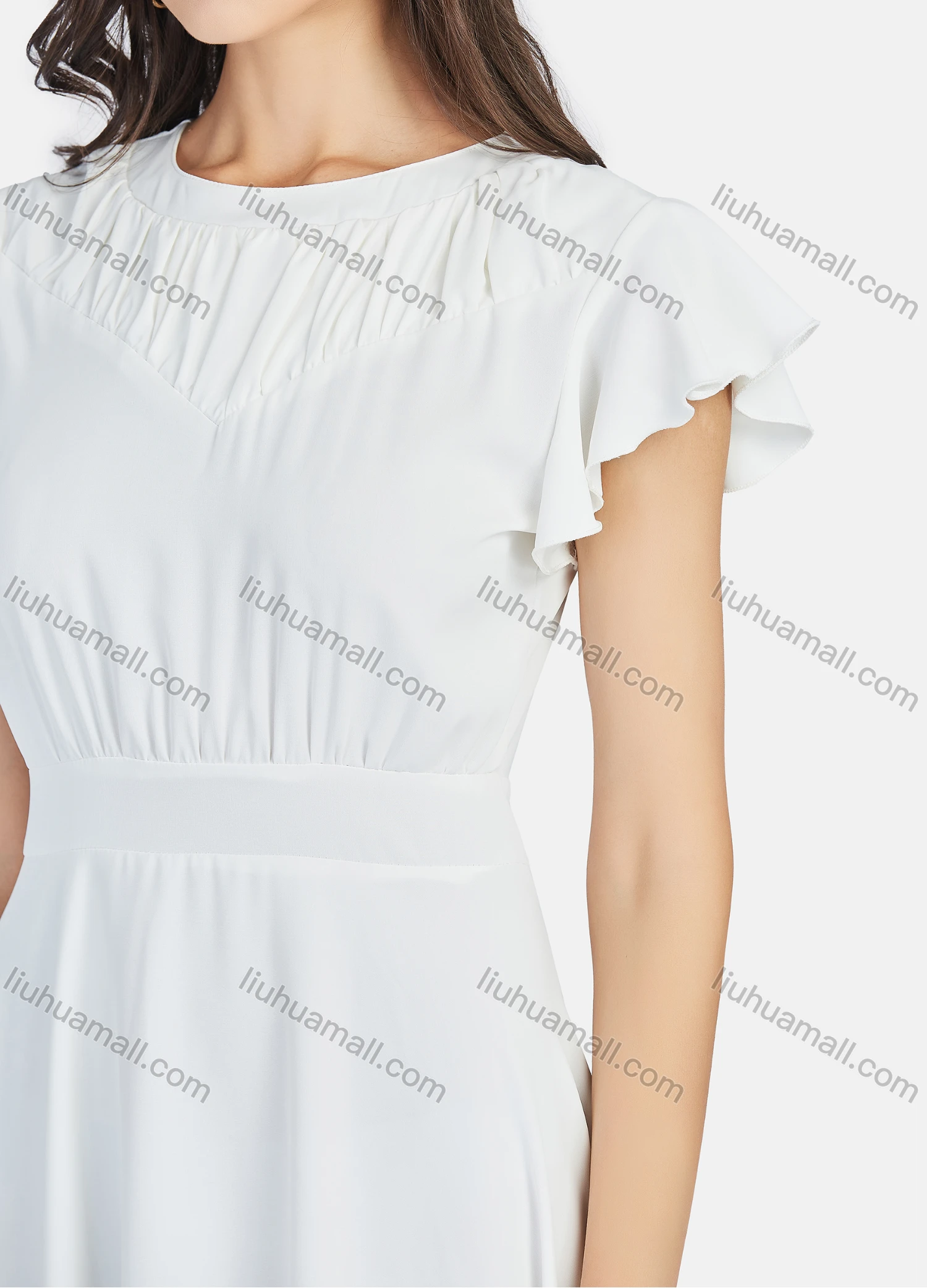 Wholesale Women's Casual Plain Round Neck Ruffle Sleeve Ruched Ruffle Hem Maxi Dress - Liuhuamall