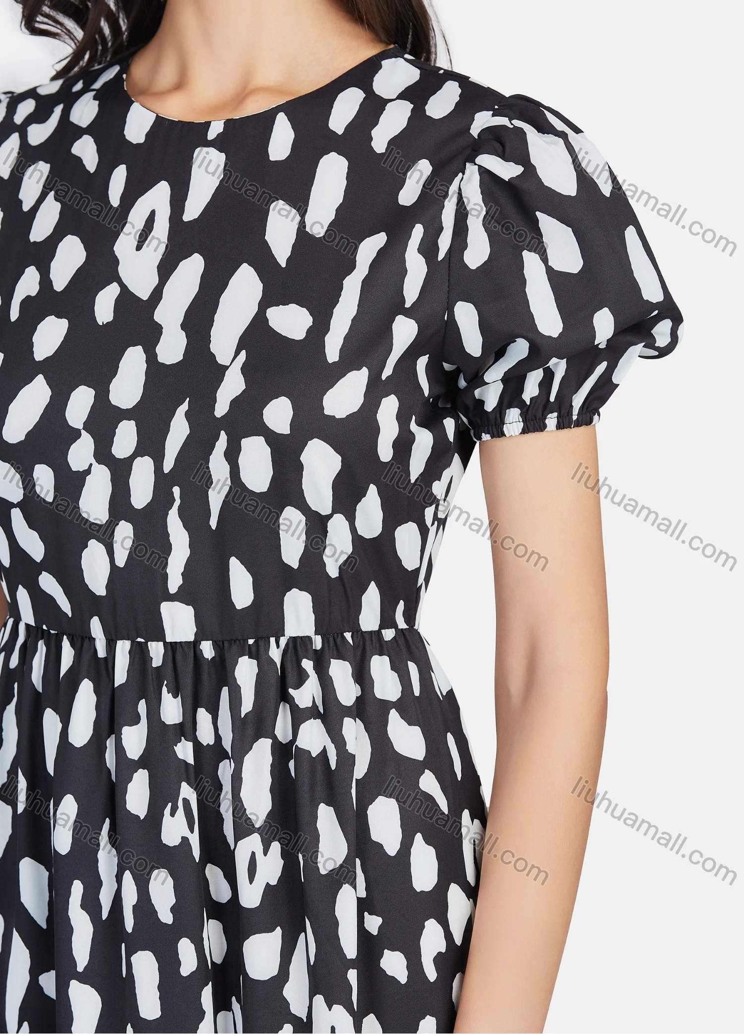 Wholesale Women's Casual Plaque Print Round Neck Puff Sleeve Ruched Ruffle Hem Midi Dress - Liuhuamall