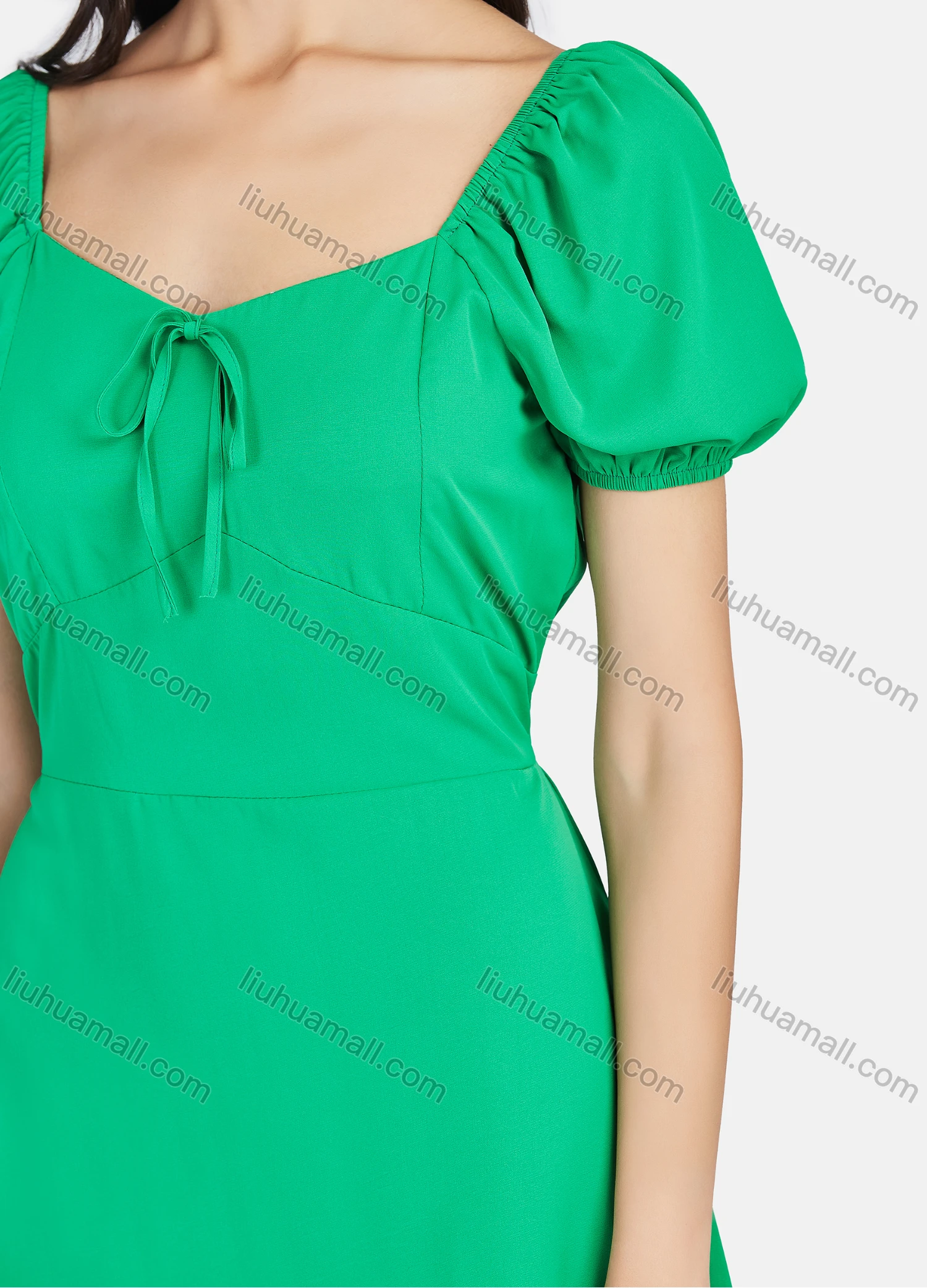 Wholesale Women's Casual Plain Puff Sleeve Lace Up Ruffle Hem Short Dress - Liuhuamall