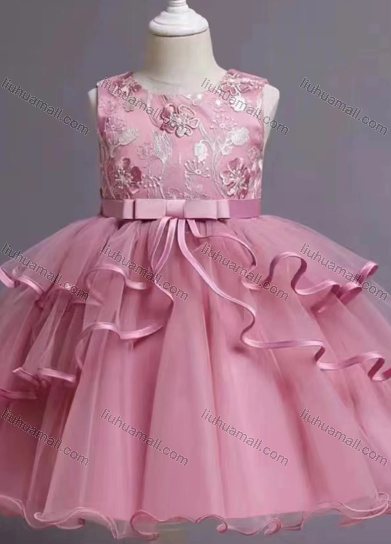 Wholesale Girls Lovely Sleeveless Lace Embroidered Floral Bow Knot Tiered Dress 33# - Liuhuamall