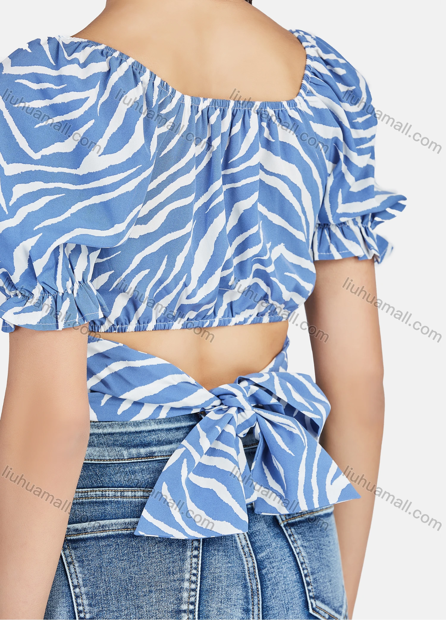 Wholesale Women's Casual Striped Bateau Neck Puff Sleeve Crossover Crop Blouse - Liuhuamall