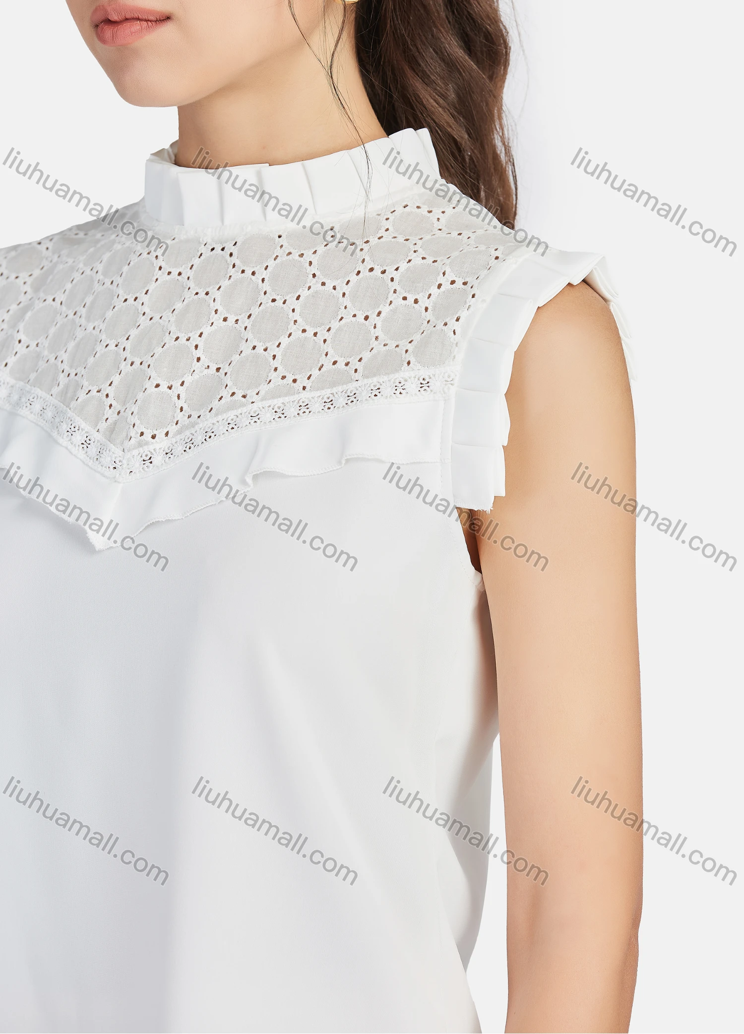 Wholesale Women's Casual Plain Stand Collar Cut Out Ruffle Trim Tank Top - Liuhuamall