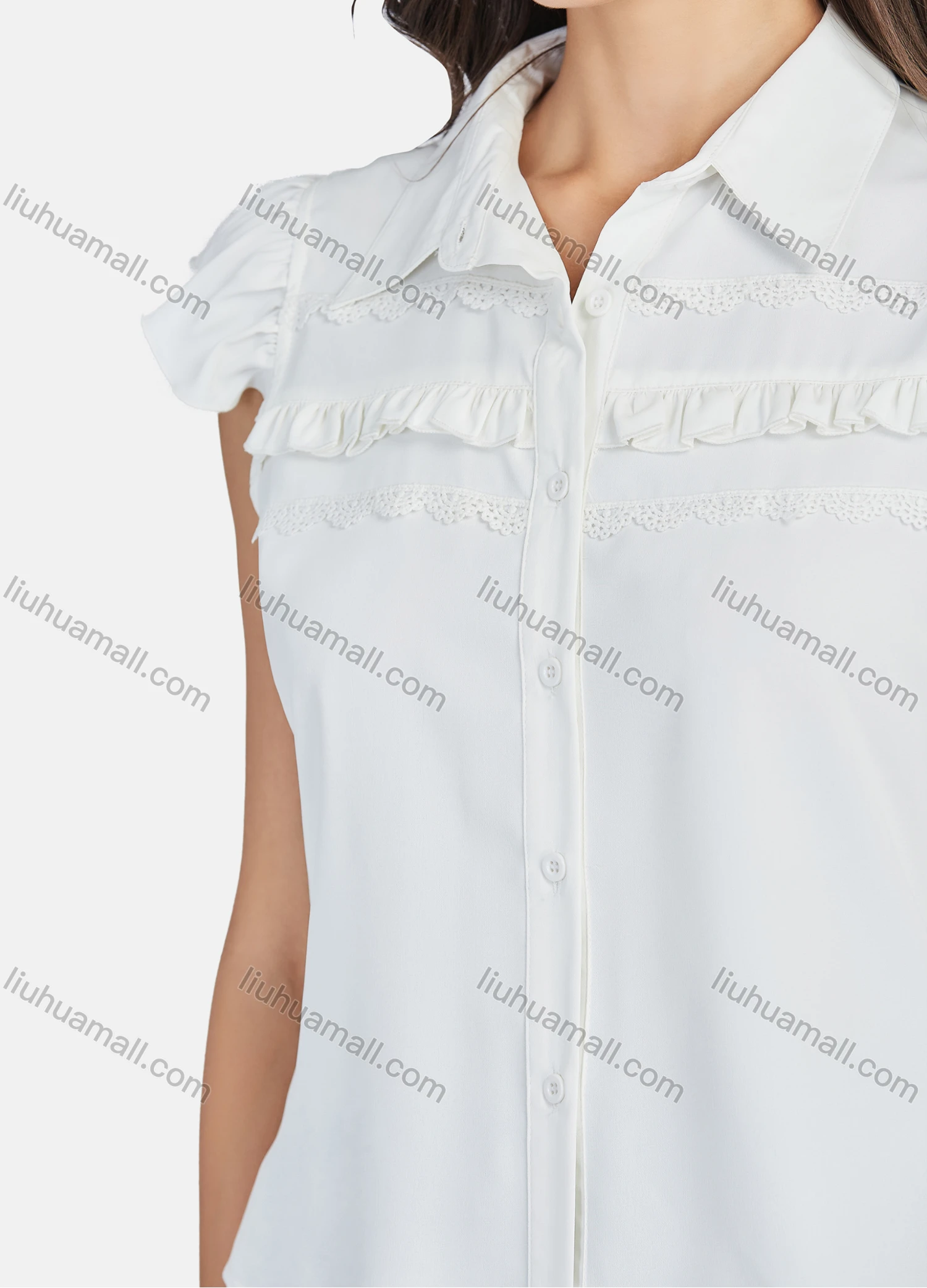 Wholesale Women's Casual Plain Collared Ruffle Trim Button Down Blouse - Liuhuamall