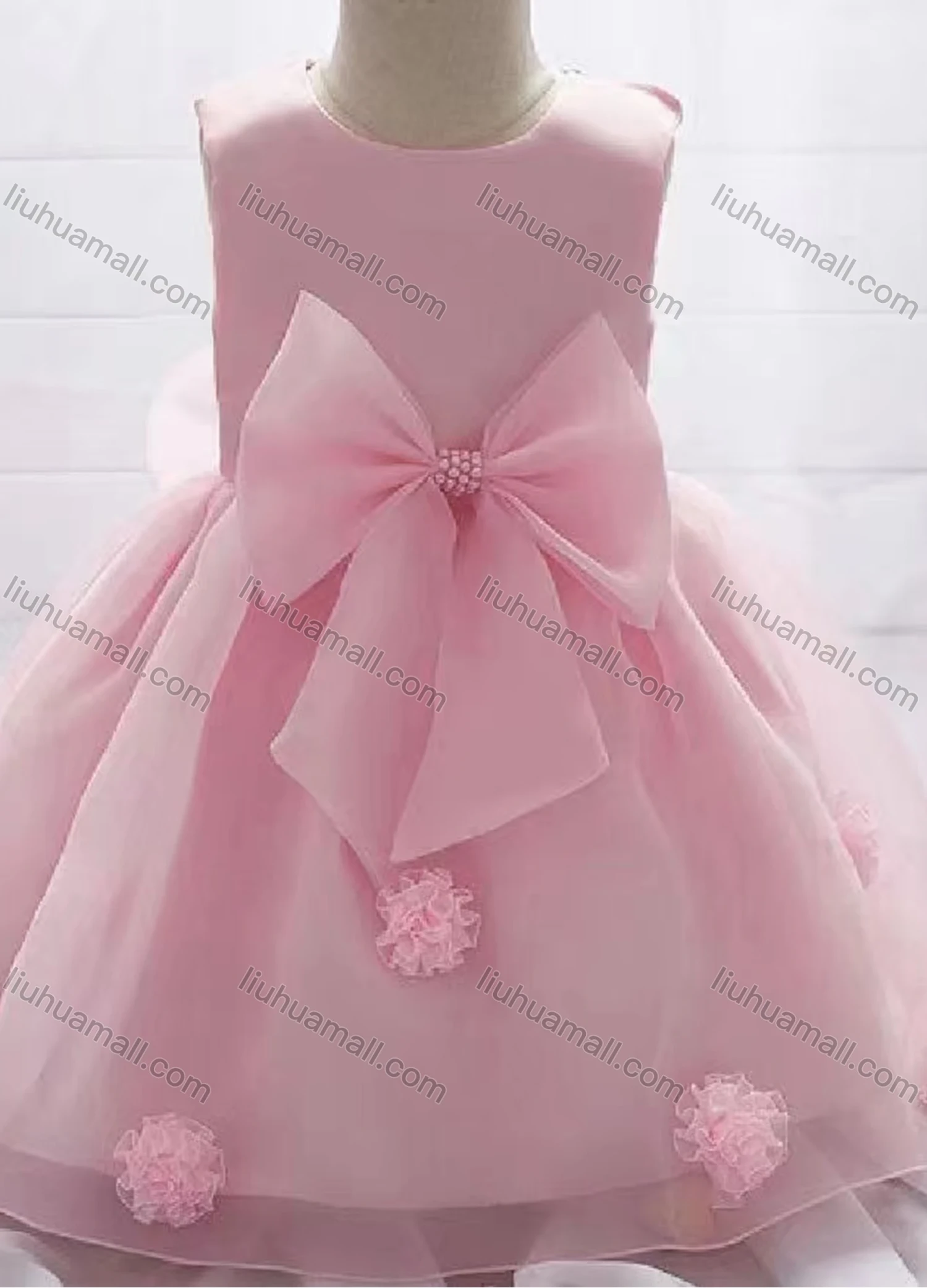 Wholesale Girls Lovely Plain Lace Bow Knot Pearl Decro Dress - Liuhuamall
