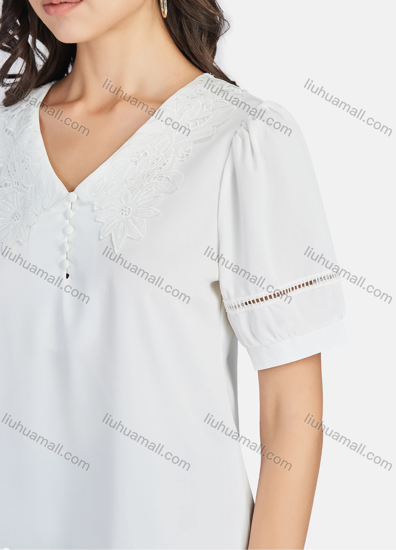 Wholesale Women's Casual Plain V Neck Embroidery Applique Short Sleeve Blouse - Liuhuamall